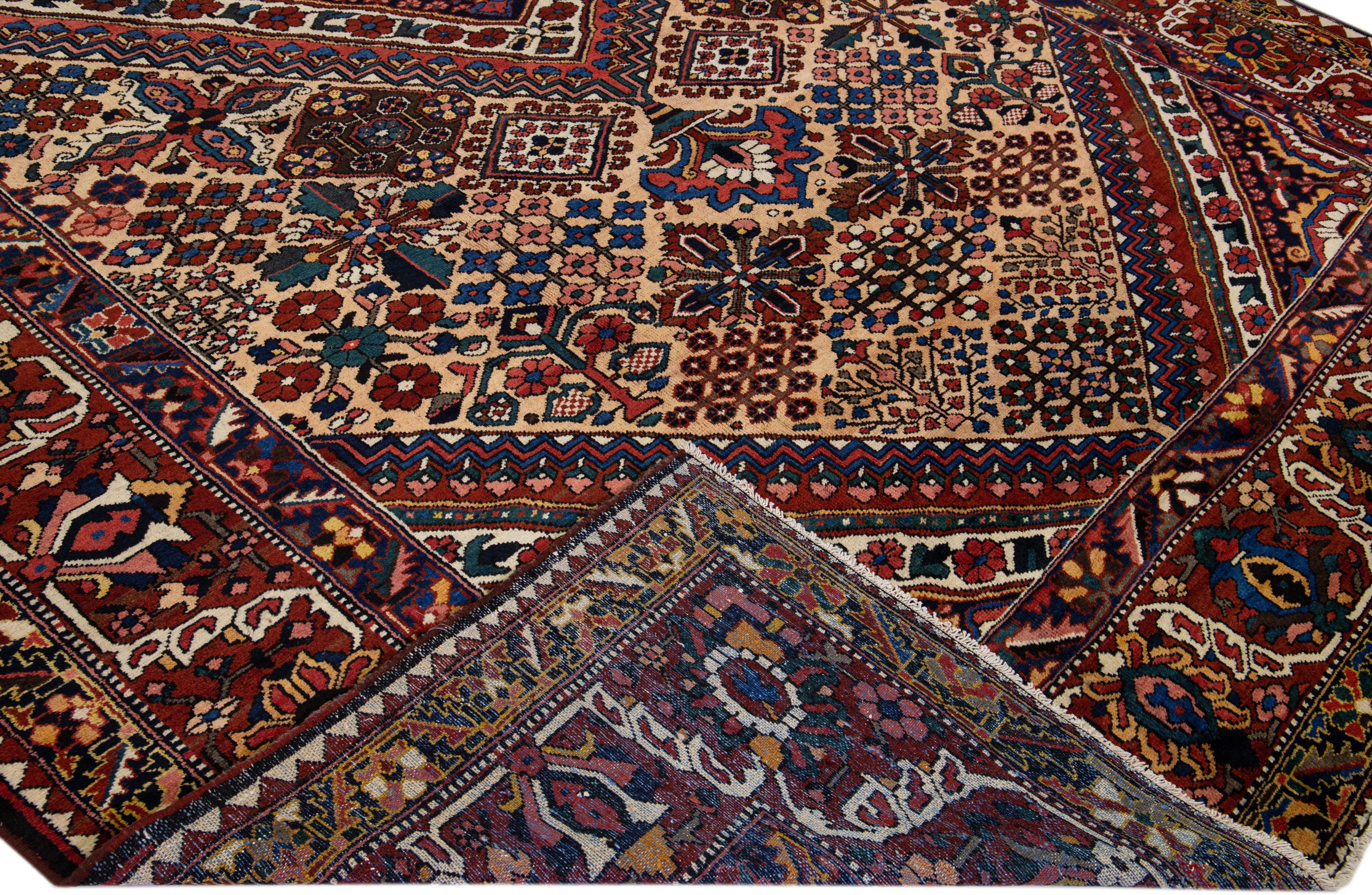 20th Century Tan Handmade Persian Bakhtiari Wool Rug With Medallion Design For Sale