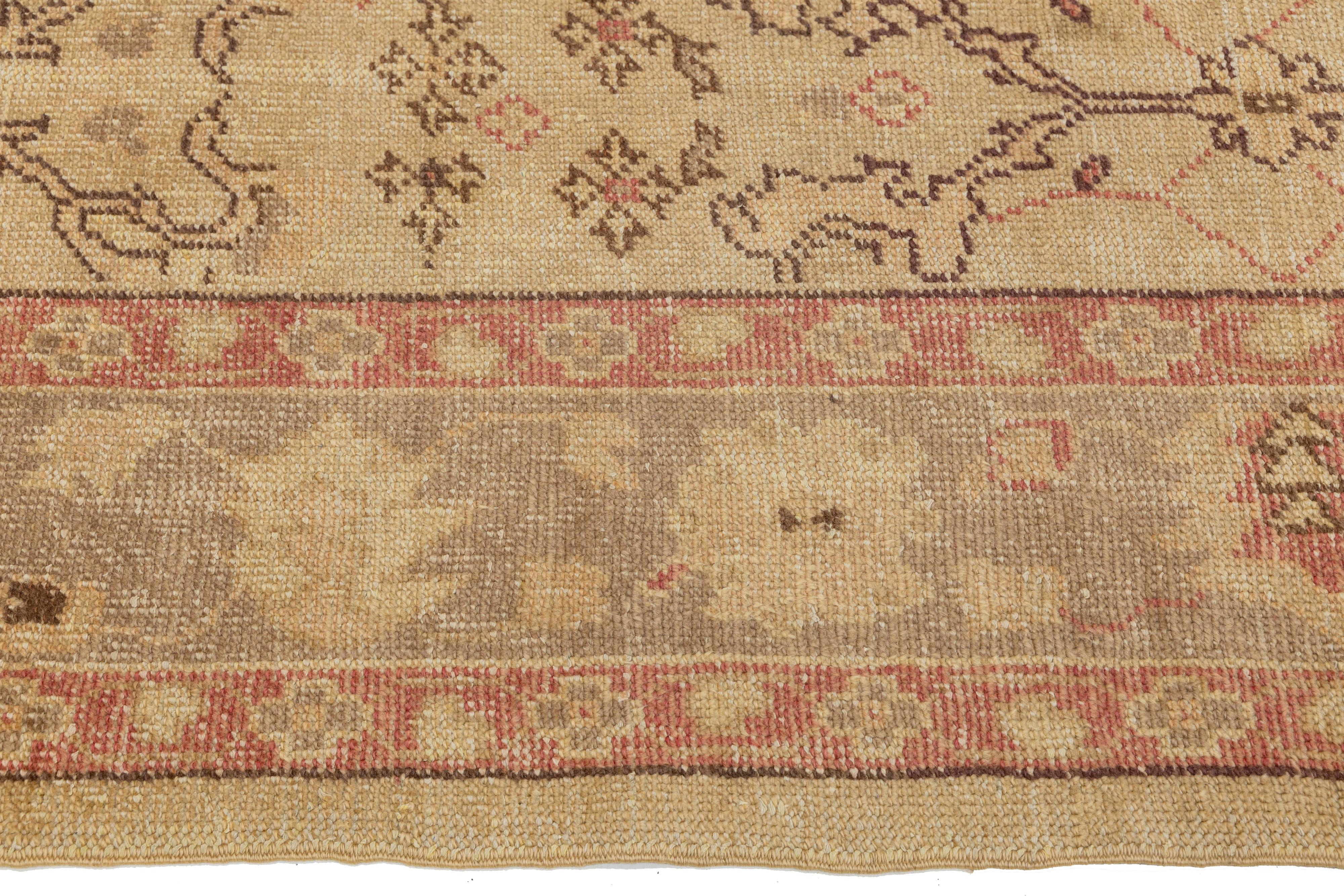 Tan Handmade Turkish Oushak Wool Rug Featuring a Floral Motif For Sale 5