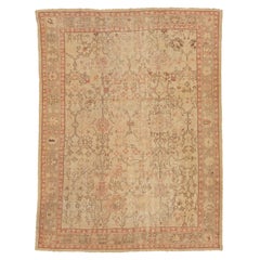 Tan Handmade Turkish Oushak Wool Rug Featuring a Floral Motif