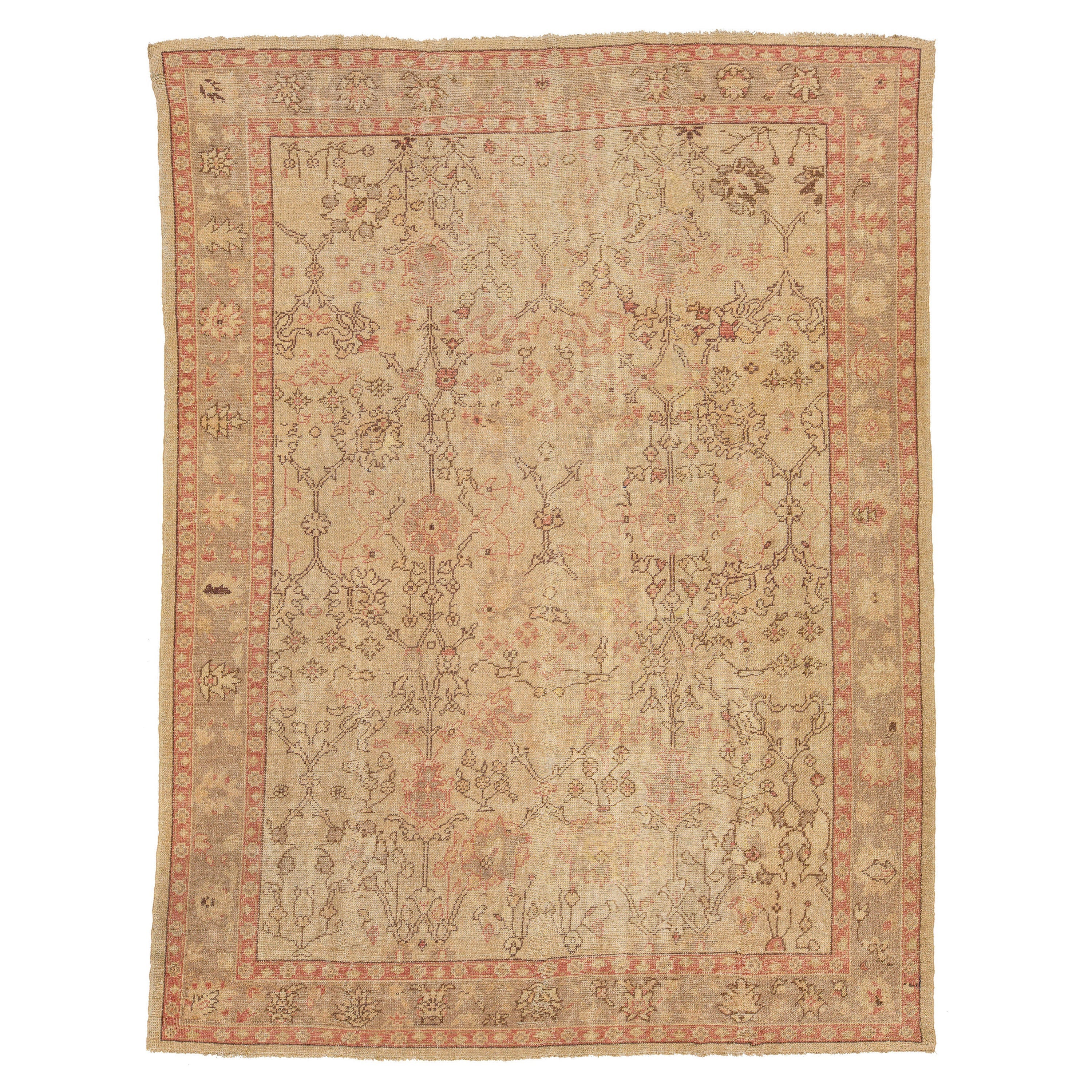 Tan Handmade Turkish Oushak Wool Rug Featuring a Floral Motif