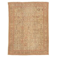 Tan Handmade Turkish Oushak Wool Rug Featuring a Floral Motif