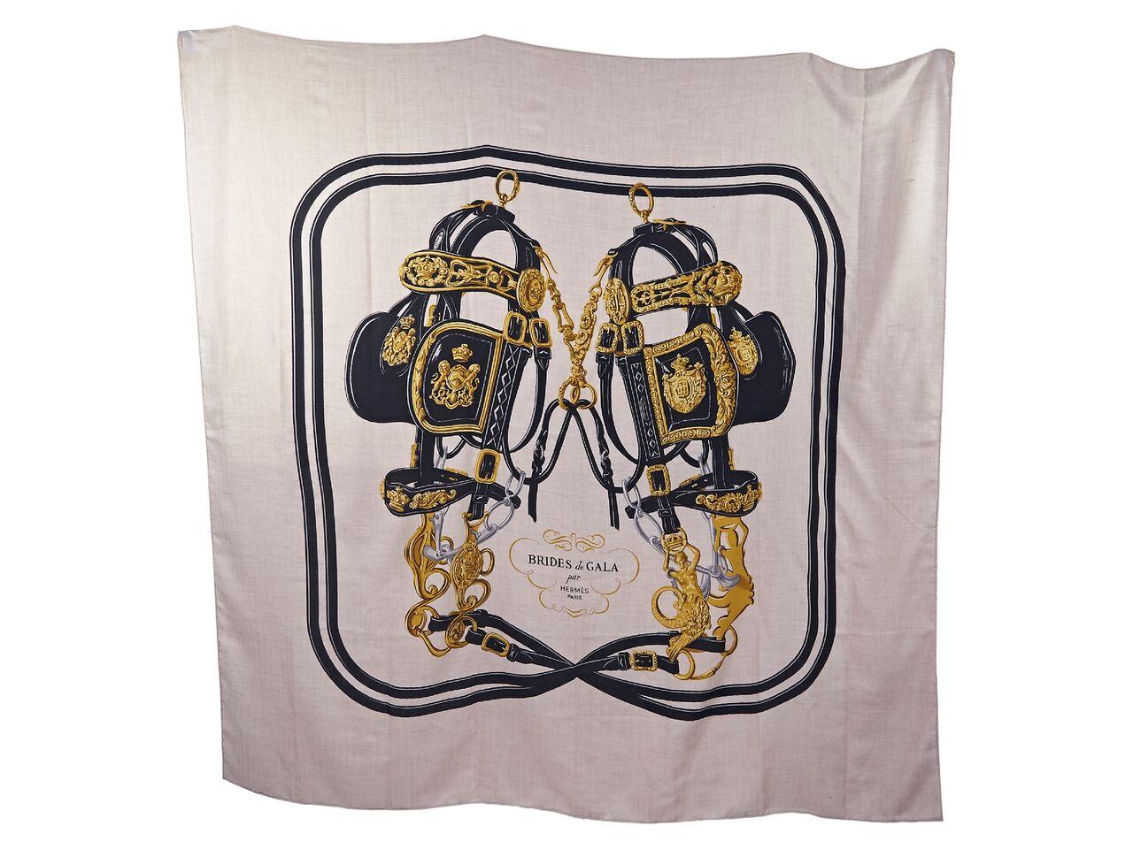 Product details:  Tan cashmere and silk blend Brides de Gala equestrian printed shawl by Hermes.  54