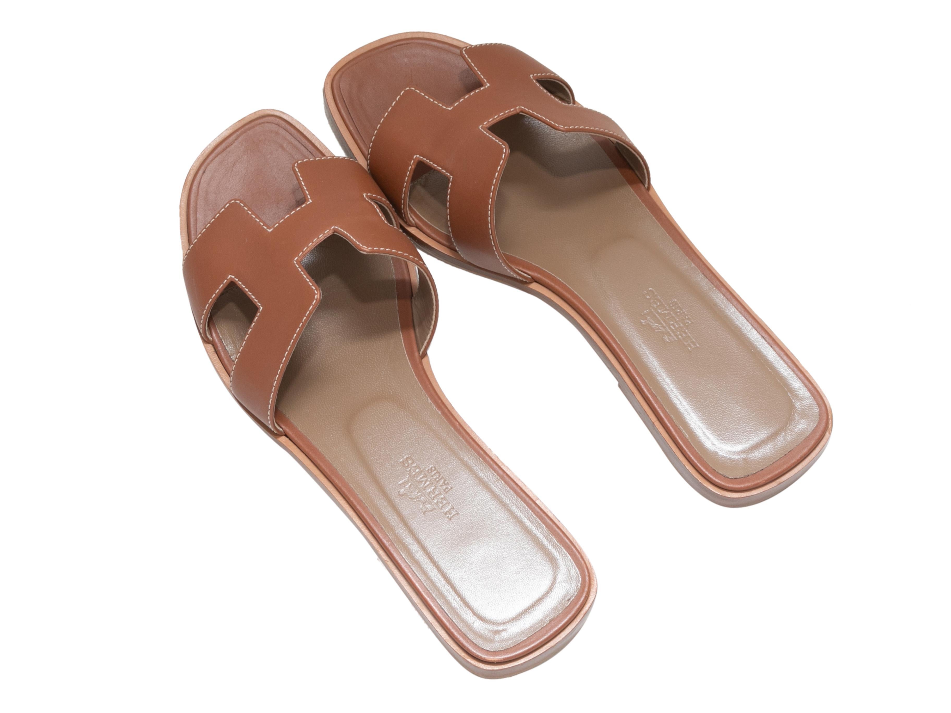 Brown Tan Hermes Leather Flat Slide Sandals Size 37
