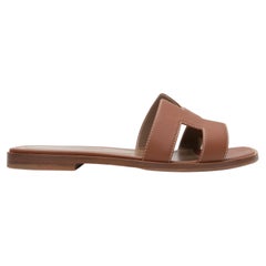 Tan Hermes Leather Flat Slide Sandals Size 37