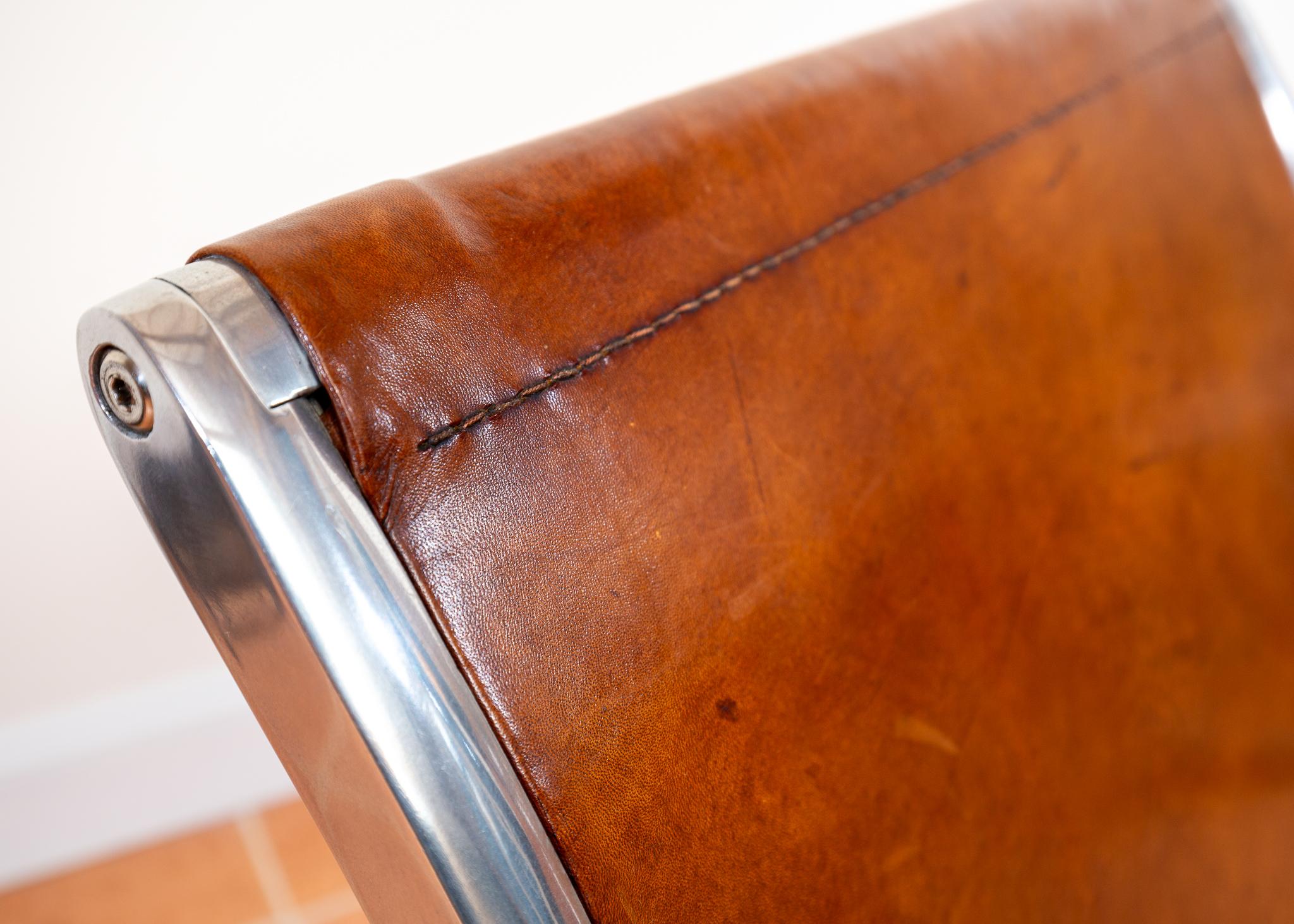 Tan Hide Leather Lounge Chair MCM Bauhaus Aluminium Mid Century Hungarian 1970s For Sale 3