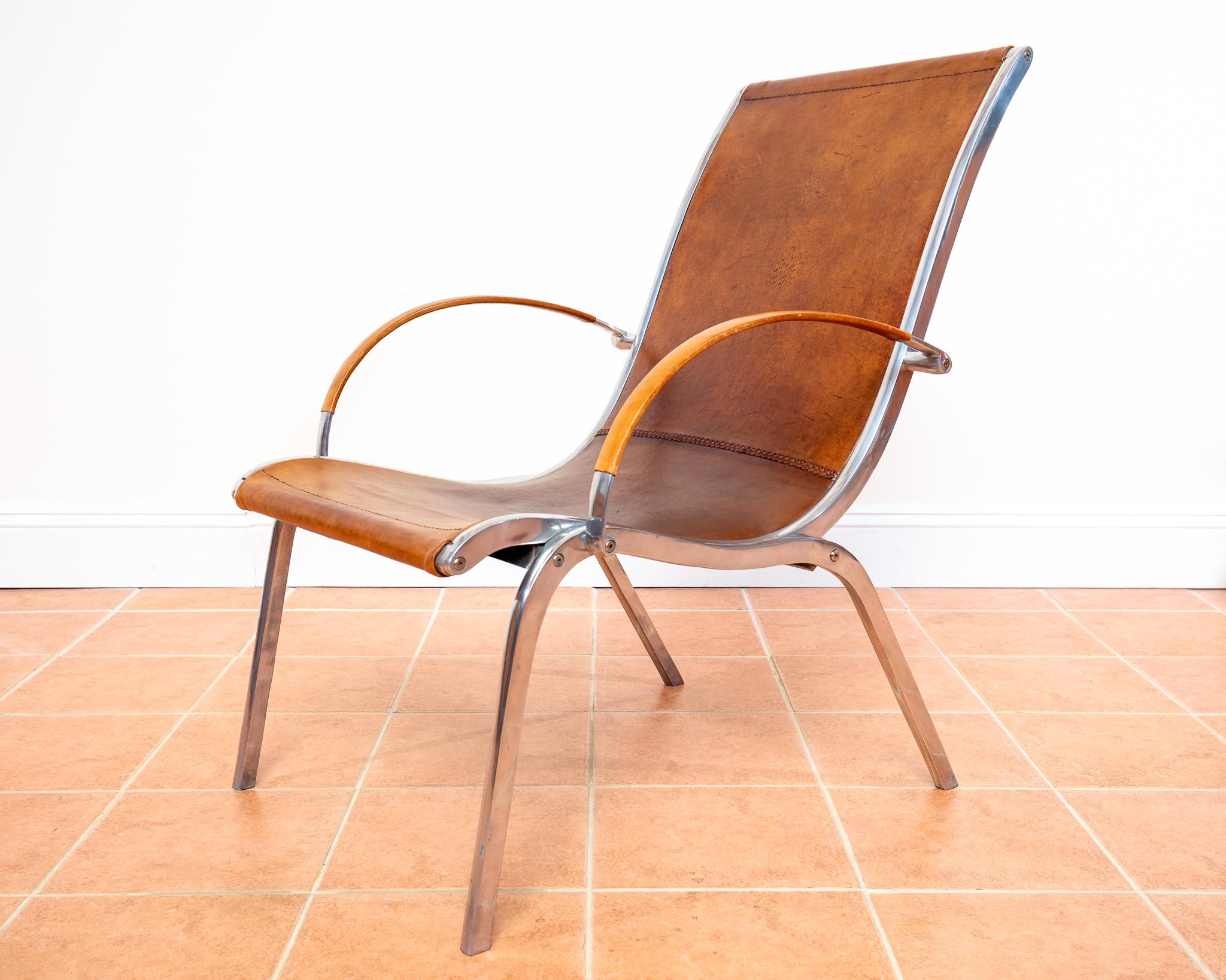 Tan Hide Leather Lounge Chair MCM Bauhaus Aluminium Mid Century Hungarian 1970s For Sale 4
