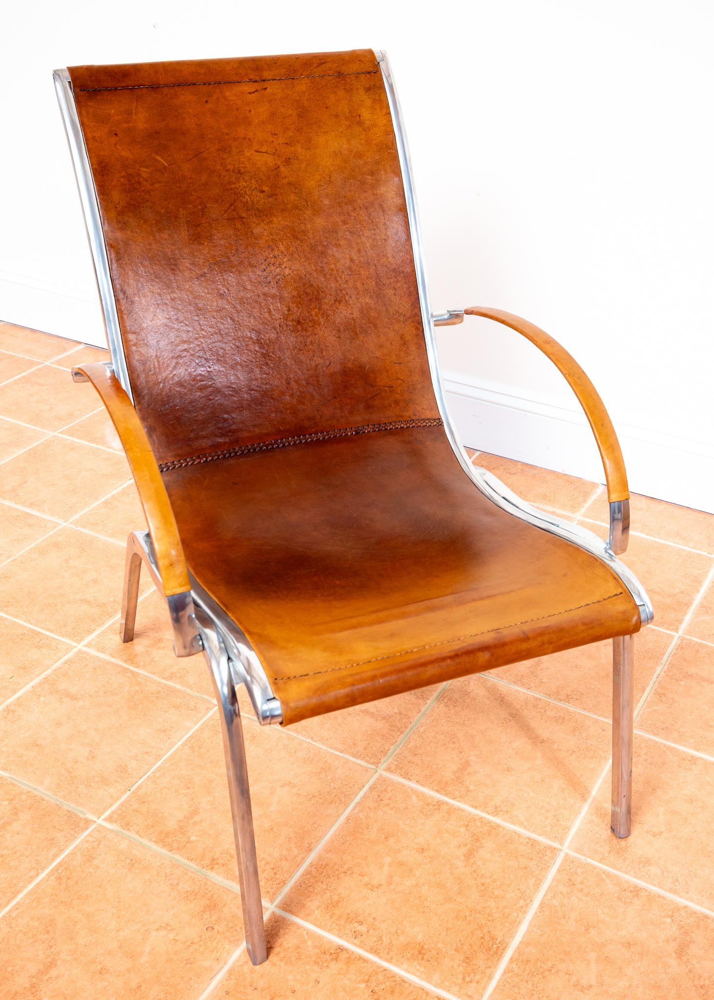 Tan Hide Leather Lounge Chair MCM Bauhaus Aluminium Mid Century Hungarian 1970s For Sale 6