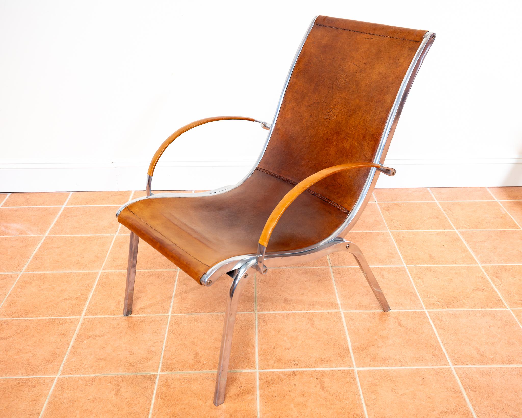 Tan Hide Leather Lounge Chair MCM Bauhaus Aluminium Mid Century Hungarian 1970s For Sale 7