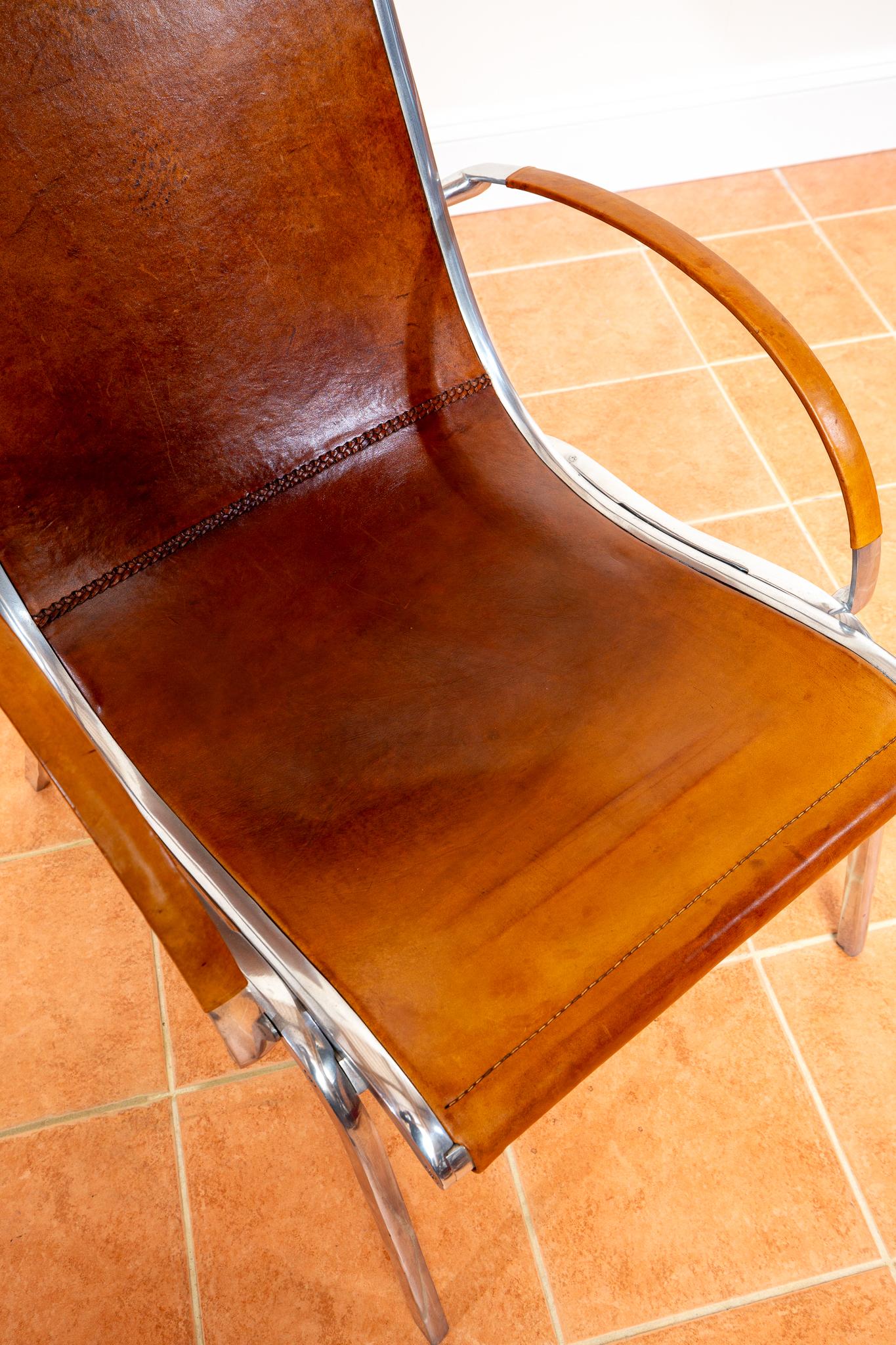 Tan Hide Leather Lounge Chair MCM Bauhaus Aluminium Mid Century Hungarian 1970s For Sale 8