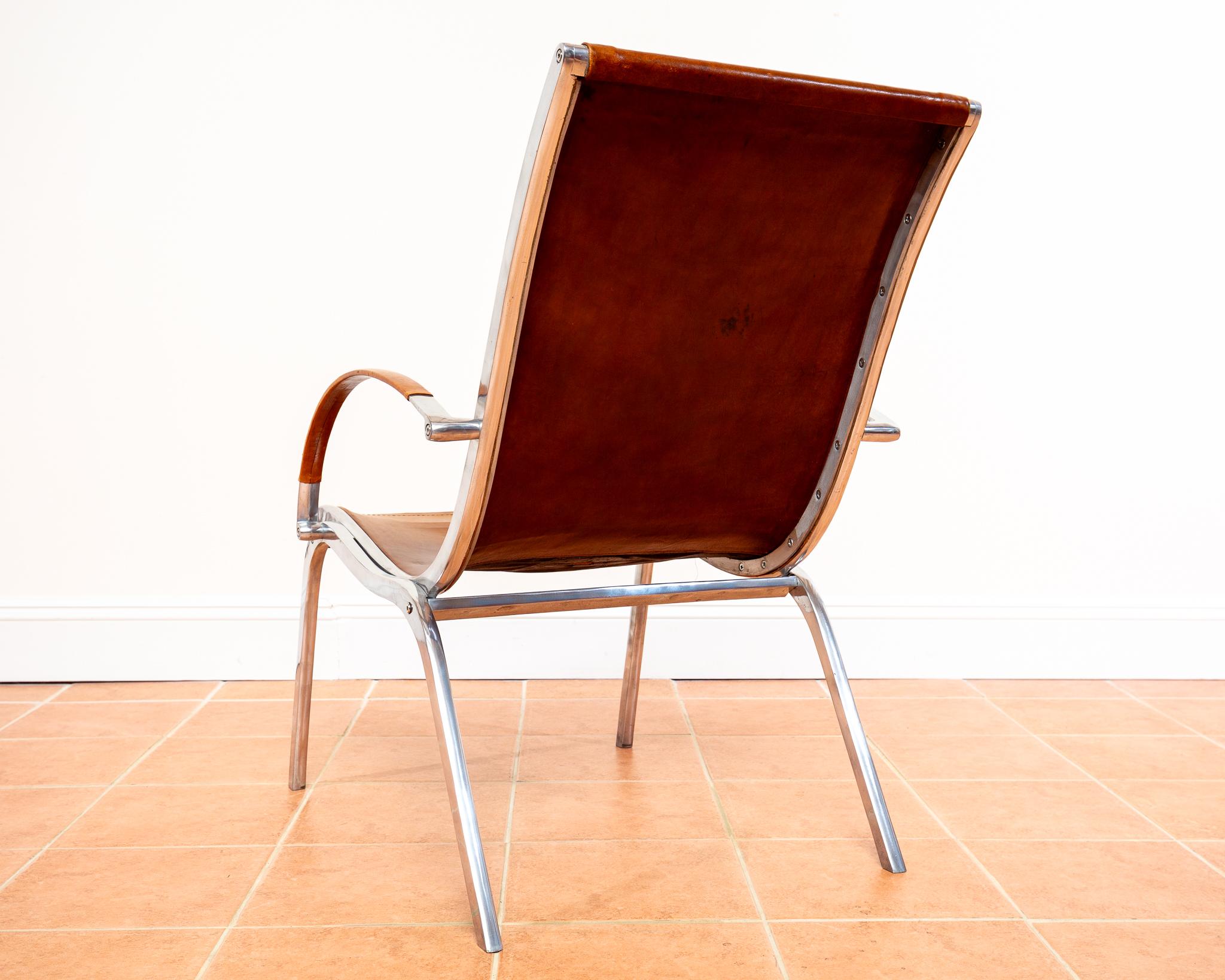 Tan Hide Leather Lounge Chair MCM Bauhaus Aluminium Mid Century Hungarian 1970s For Sale 9