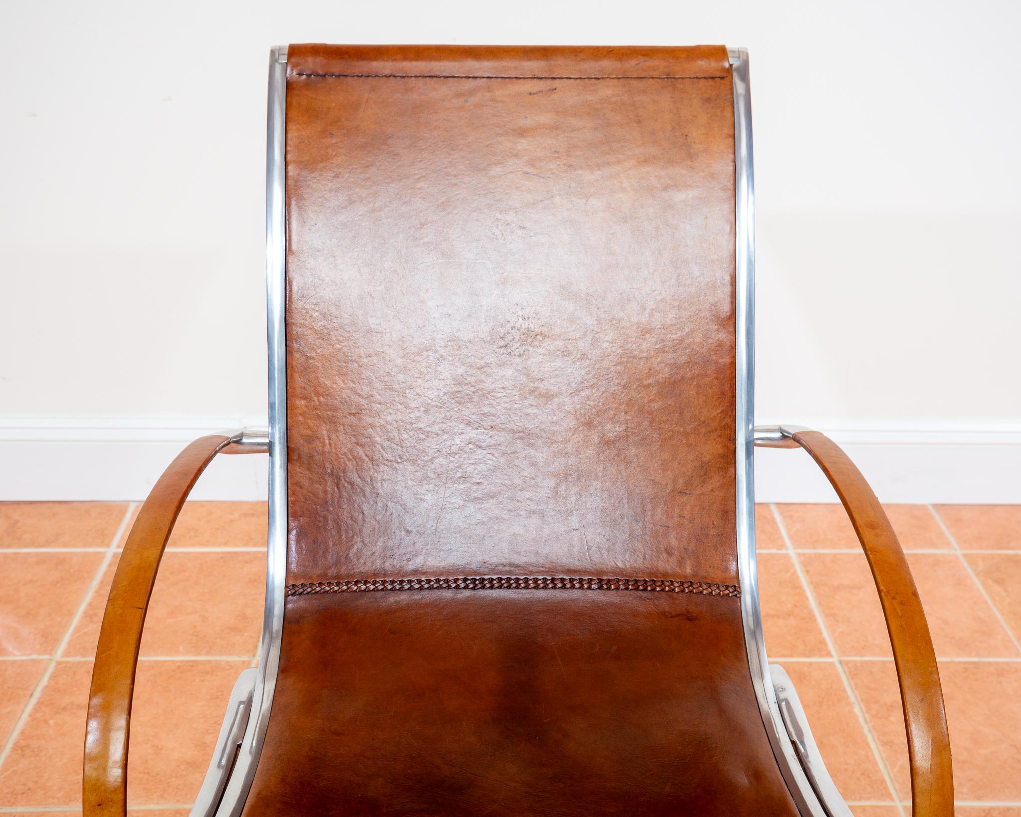 Tan Hide Leather Lounge Chair MCM Bauhaus Aluminium Mid Century Hungarian 1970s For Sale 11