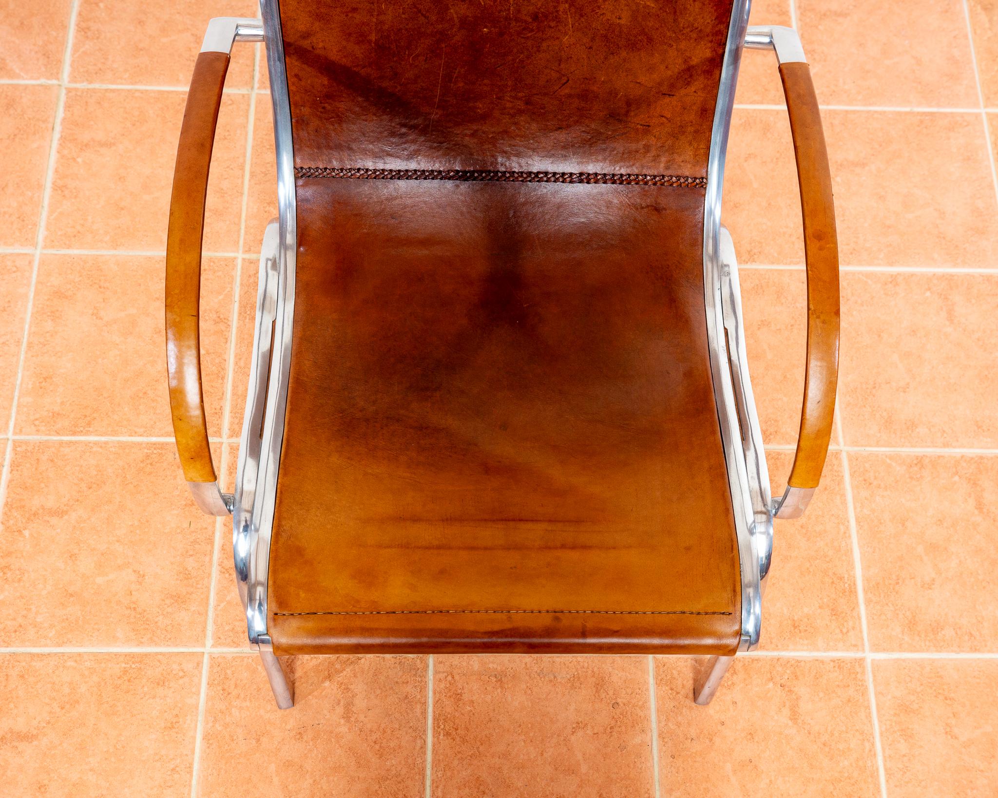 Tan Hide Leather Lounge Chair MCM Bauhaus Aluminium Mid Century Hungarian 1970s For Sale 12