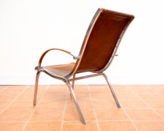 Tan Hide Leather Lounge Chair MCM Bauhaus Aluminium Mid Century Hungarian 1970s