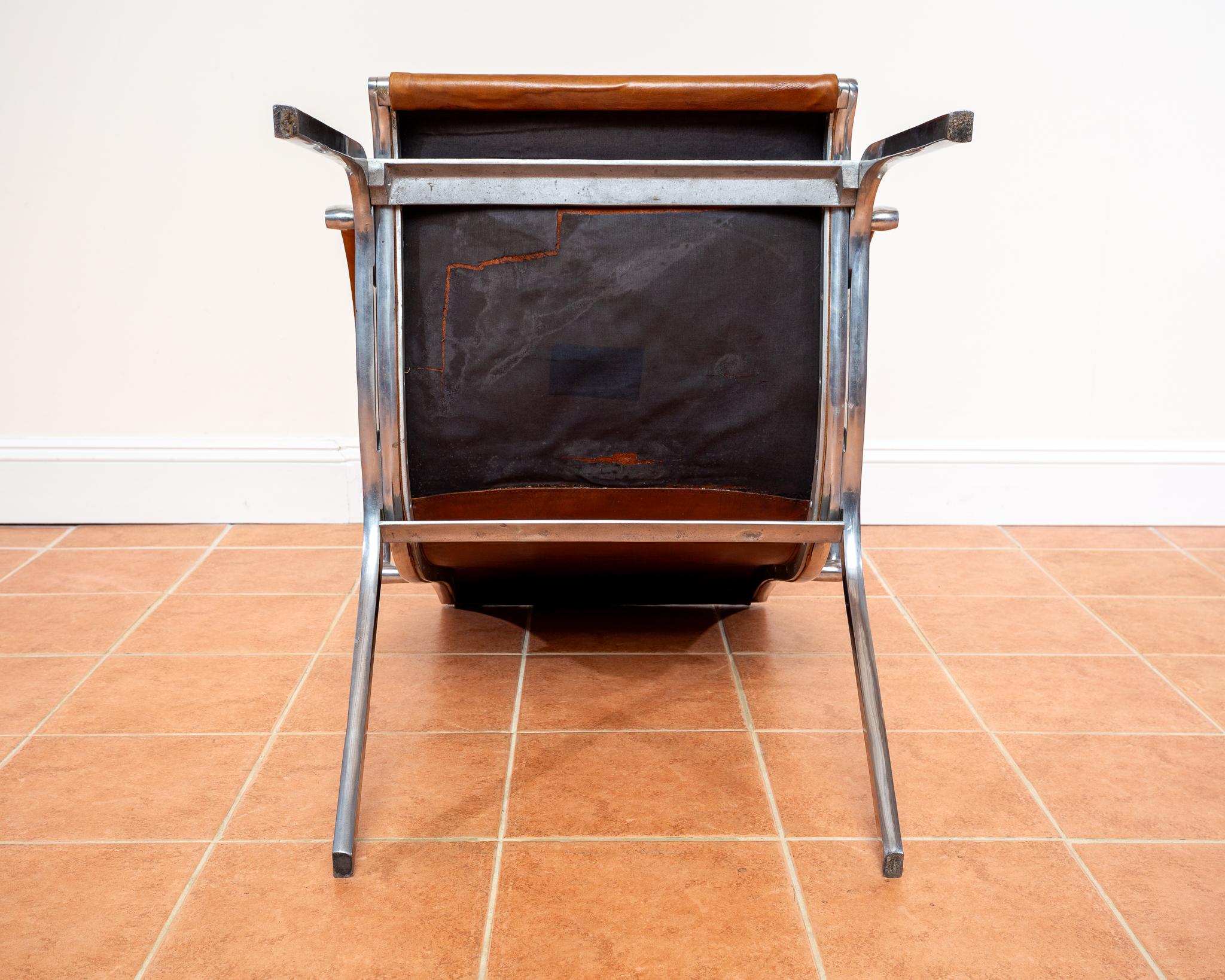 Tan Hide Leather Lounge Chair MCM Bauhaus Aluminium Mid Century Hungarian 1970s For Sale 13