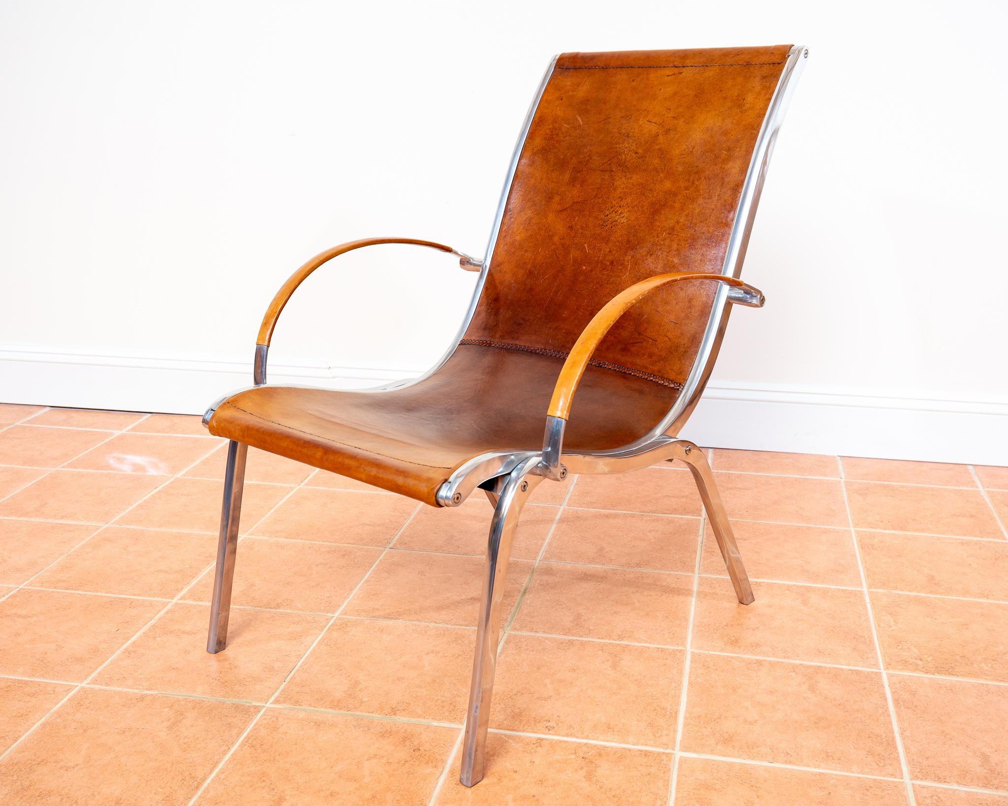 Mid-Century Modern Tan Hide Leather Lounge Chair MCM Bauhaus Aluminium Mid Century Hungarian 1970s For Sale