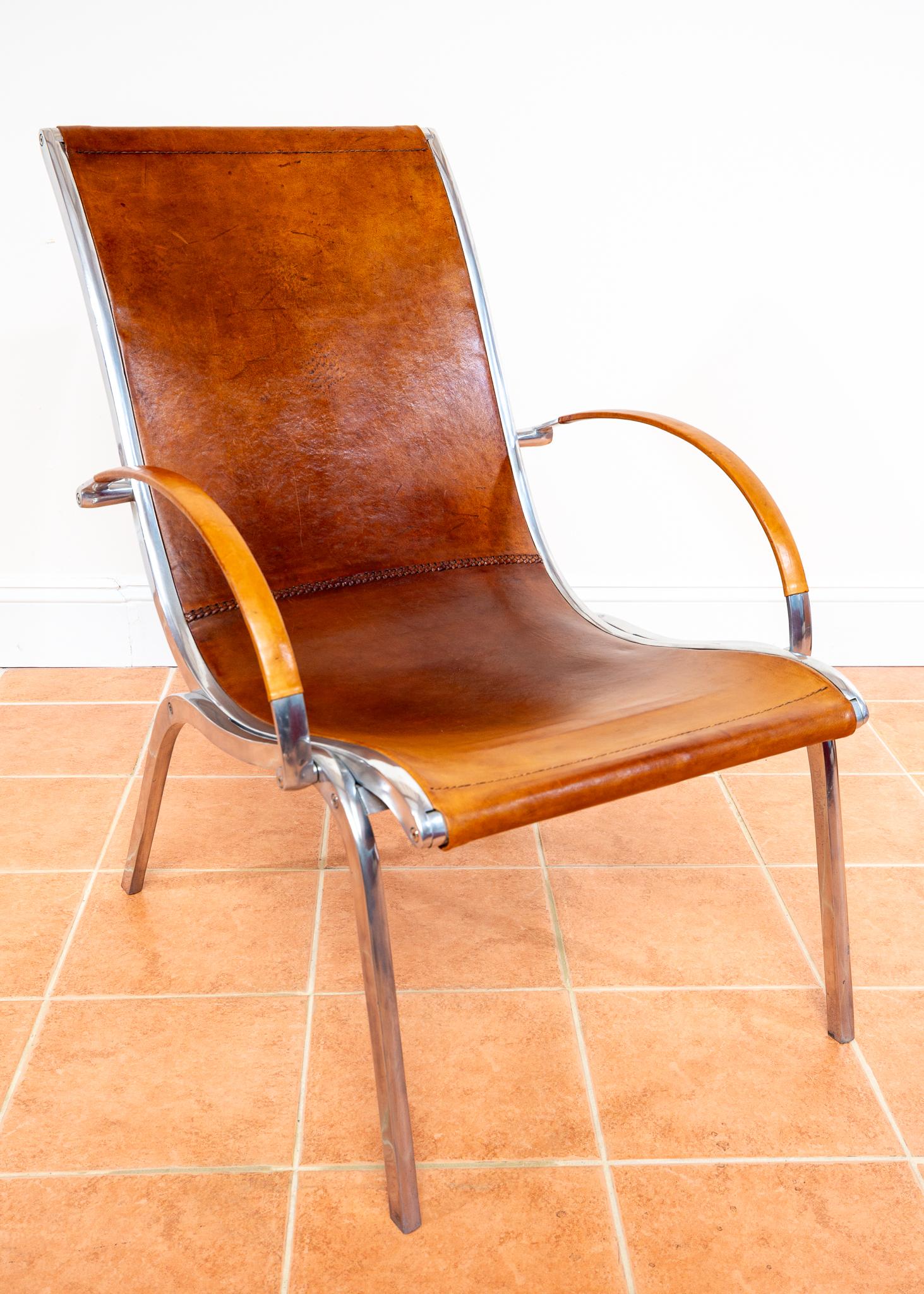 20th Century Tan Hide Leather Lounge Chair MCM Bauhaus Aluminium Mid Century Hungarian 1970s For Sale