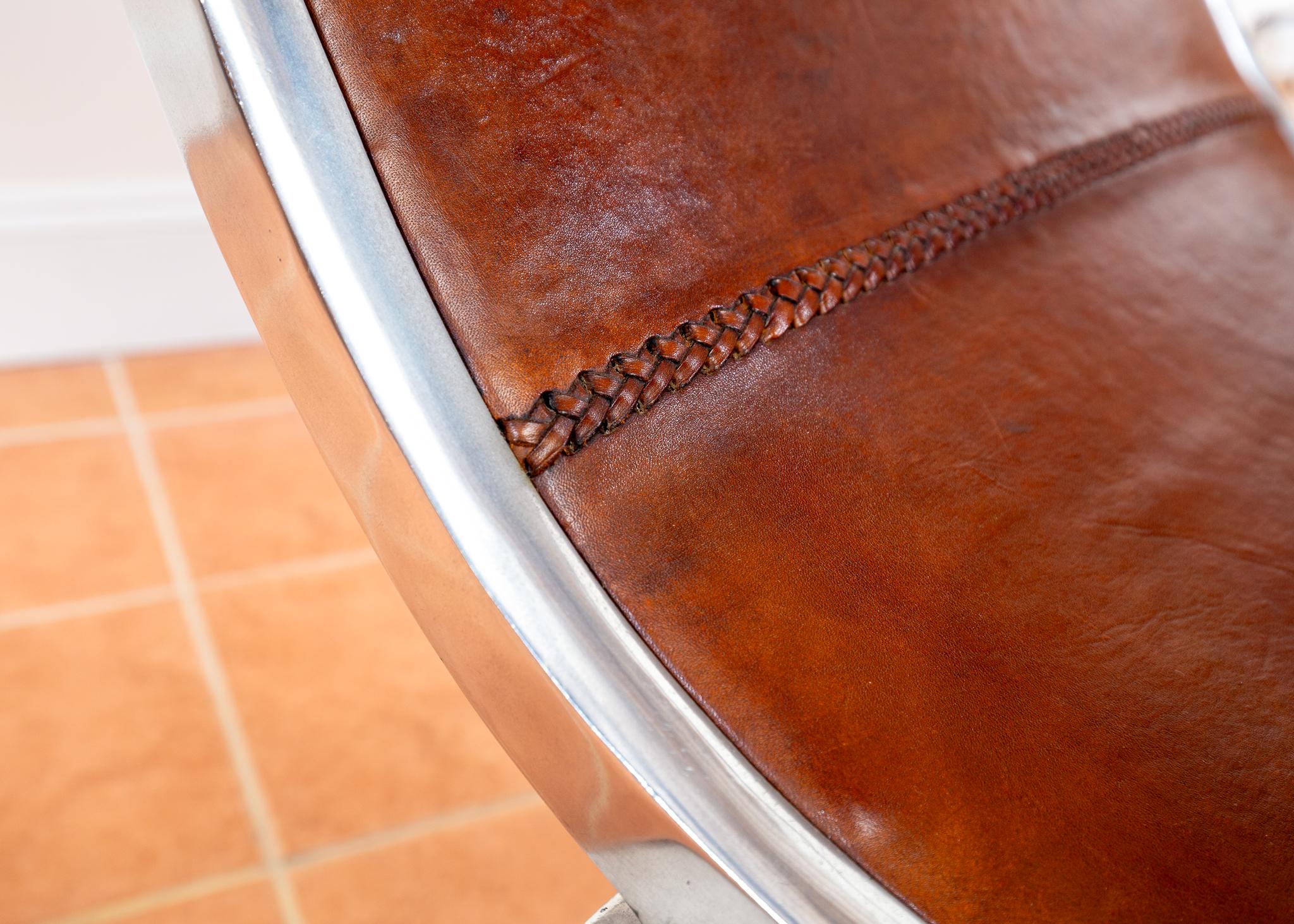 Aluminum Tan Hide Leather Lounge Chair MCM Bauhaus Aluminium Mid Century Hungarian 1970s For Sale