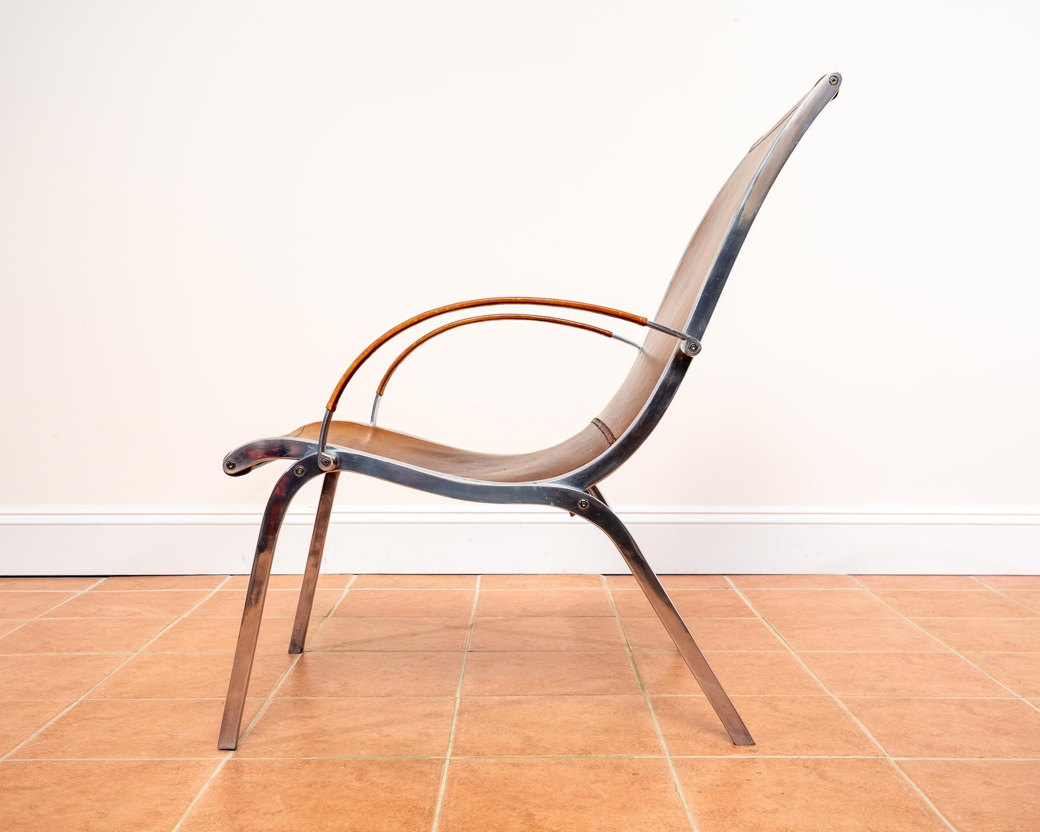 Tan Hide Leather Lounge Chair MCM Bauhaus Aluminium Mid Century Hungarian 1970s For Sale 1