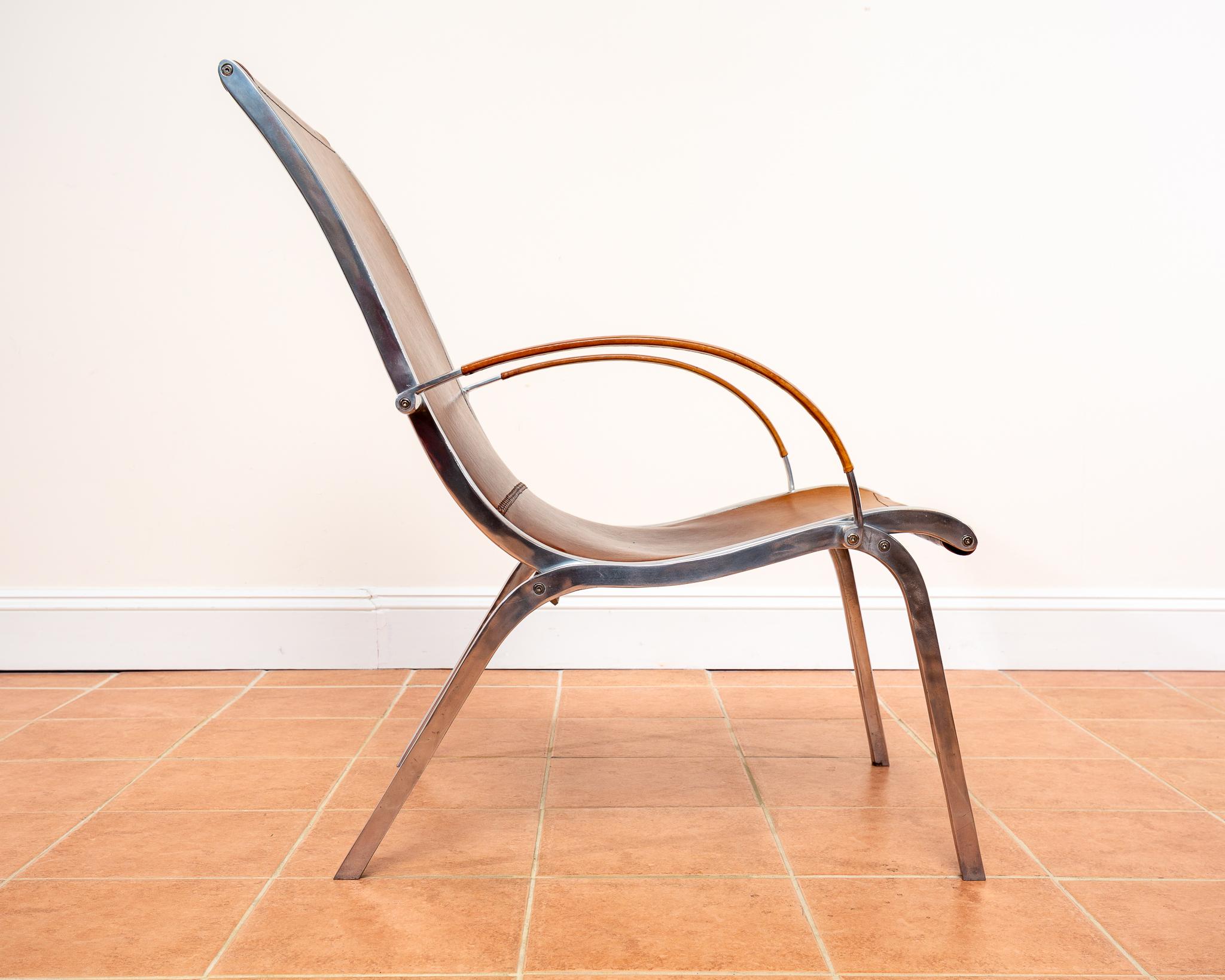 Tan Hide Leather Lounge Chair MCM Bauhaus Aluminium Mid Century Hungarian 1970s For Sale 2