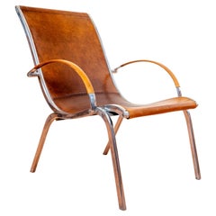 Used Tan Hide Leather Lounge Chair MCM Bauhaus Aluminium Mid Century Hungarian 1970s