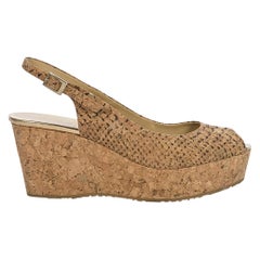 Jimmy Choo Tan Cork Peep-Toe Wedges