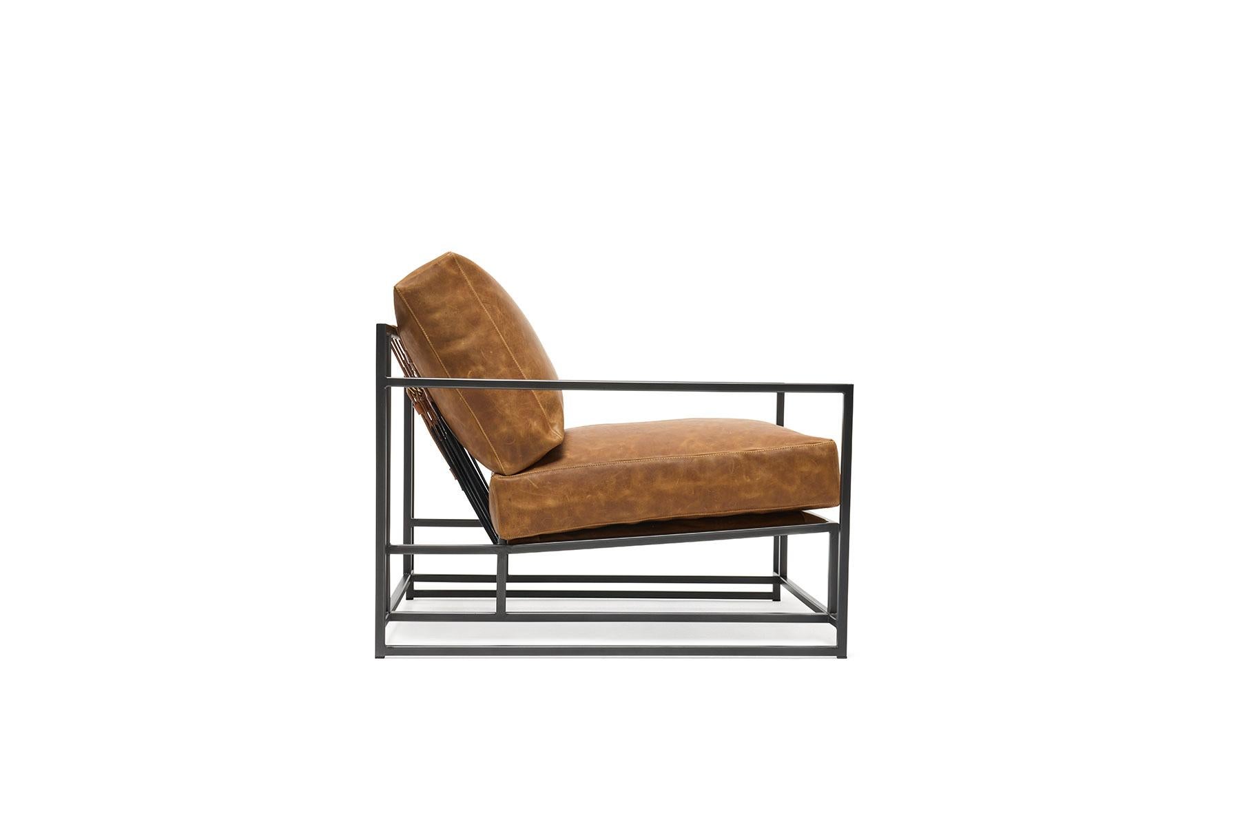 Modern Waxed Tan Leather and Blackened Steel Armchair For Sale