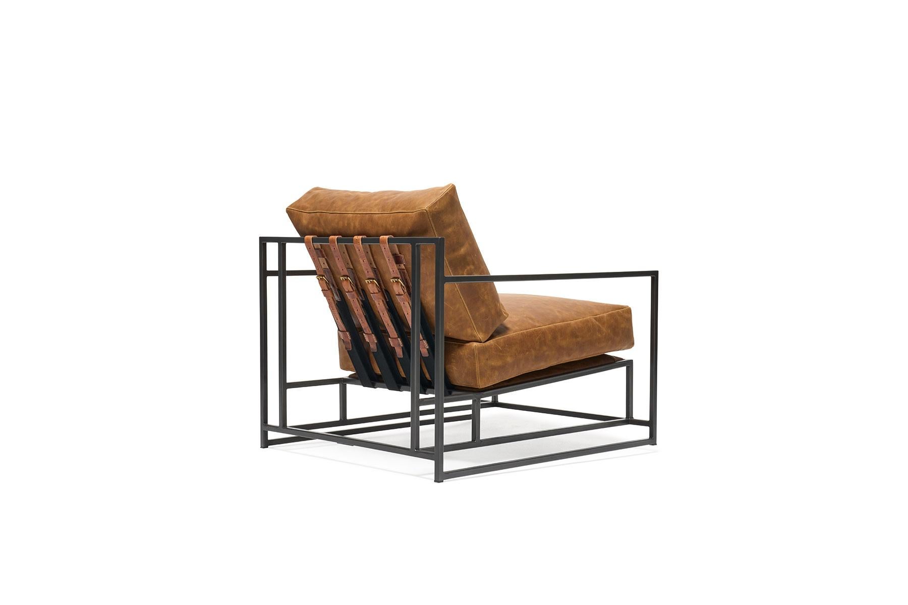 American Waxed Tan Leather and Blackened Steel Armchair For Sale