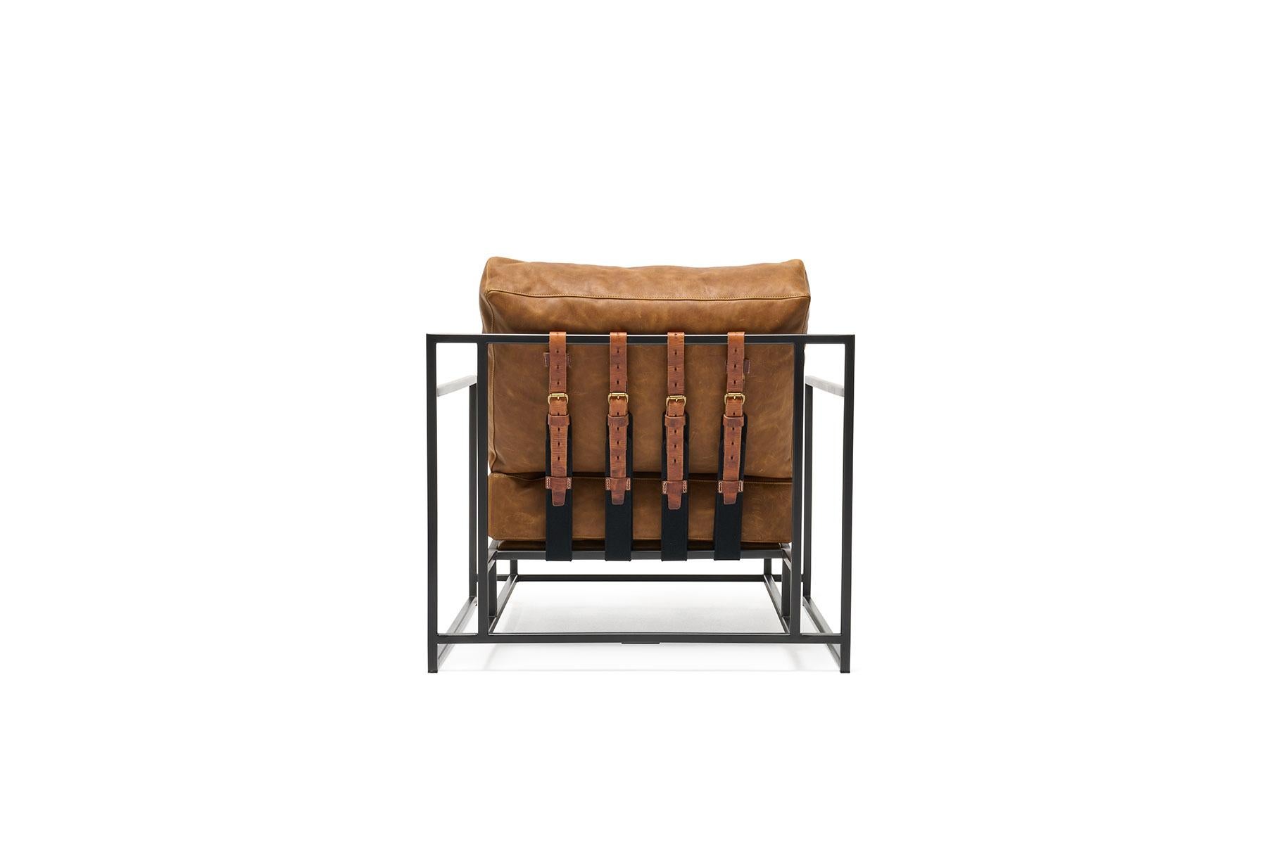 Vegetable Dyed Waxed Tan Leather and Blackened Steel Armchair For Sale