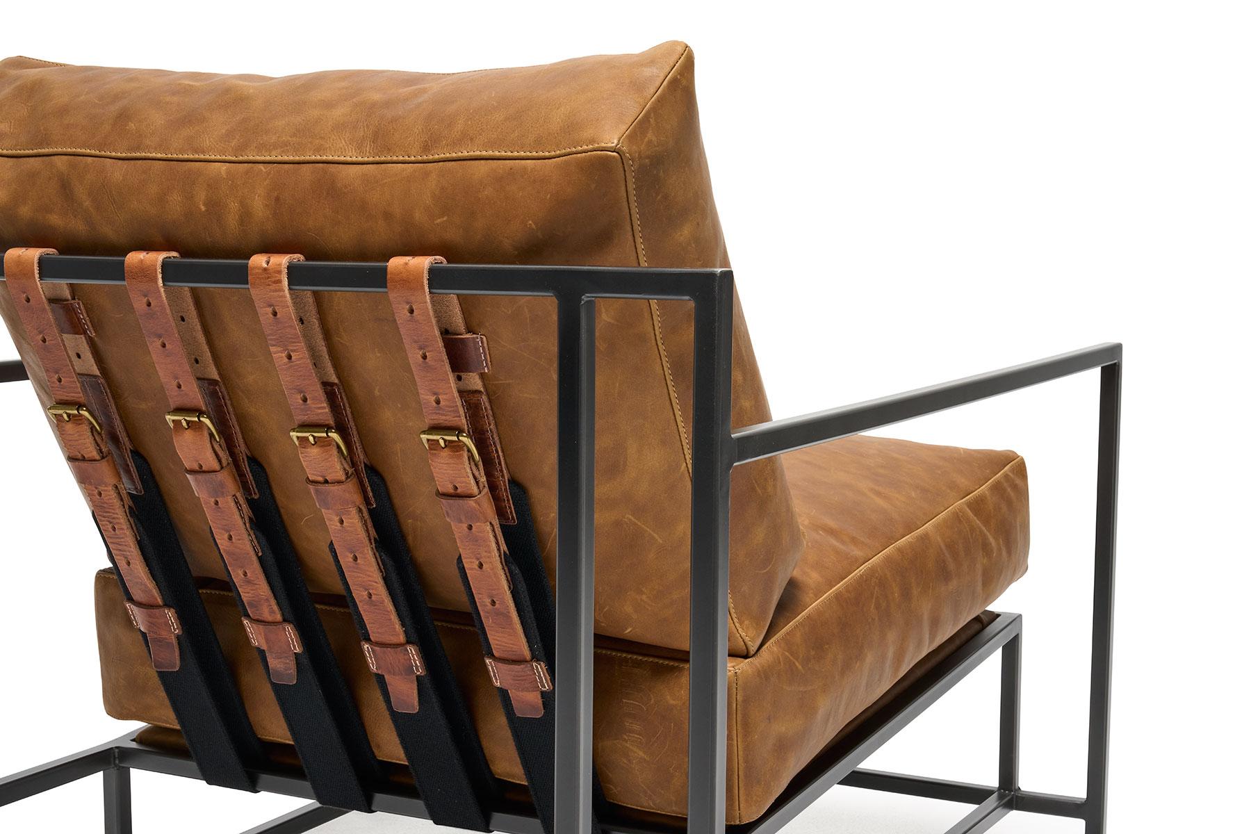 Waxed Tan Leather and Blackened Steel Armchair In New Condition For Sale In Los Angeles, CA