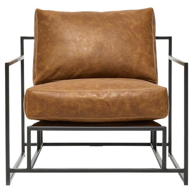 Waxed Tan Leather and Blackened Steel Armchair For Sale