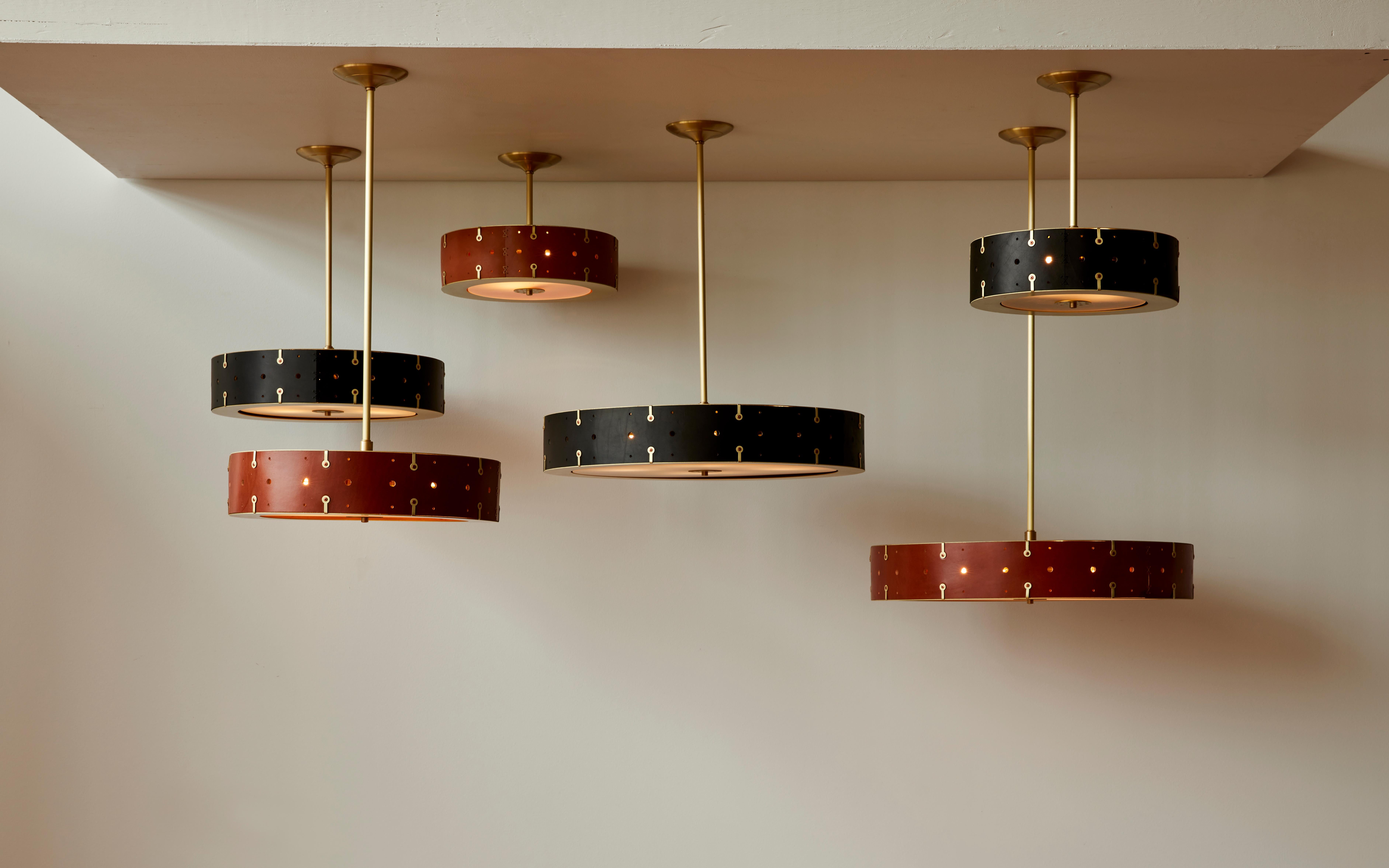 Modern Tan Leather and Satin Brass Sarah Ceiling Pendant 24