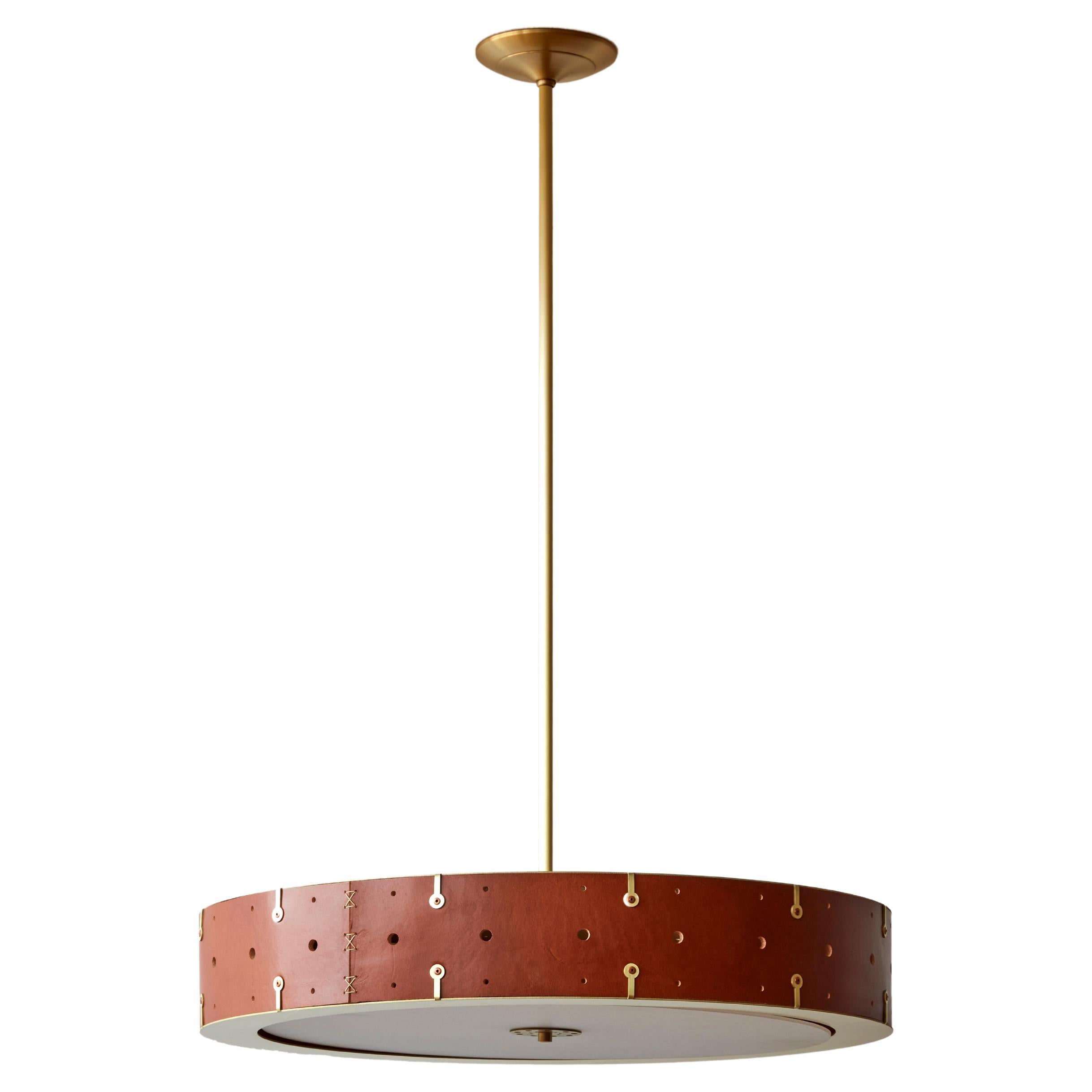 Tan Leather and Satin Brass Sarah Ceiling Pendant 24" Drum