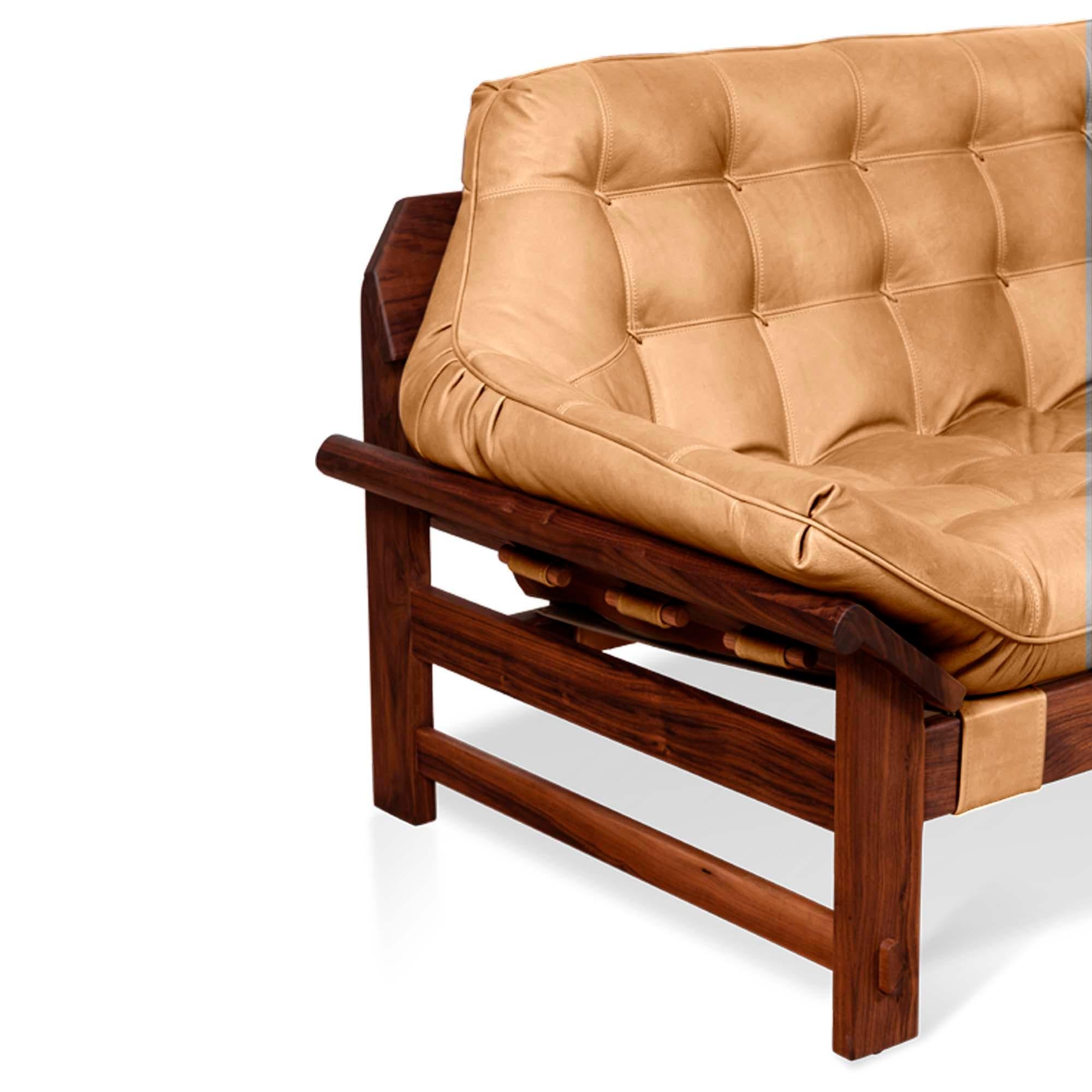Mid-Century Modern Tan Leather and Walnut Ojai Sofa by Lawson-Fenning