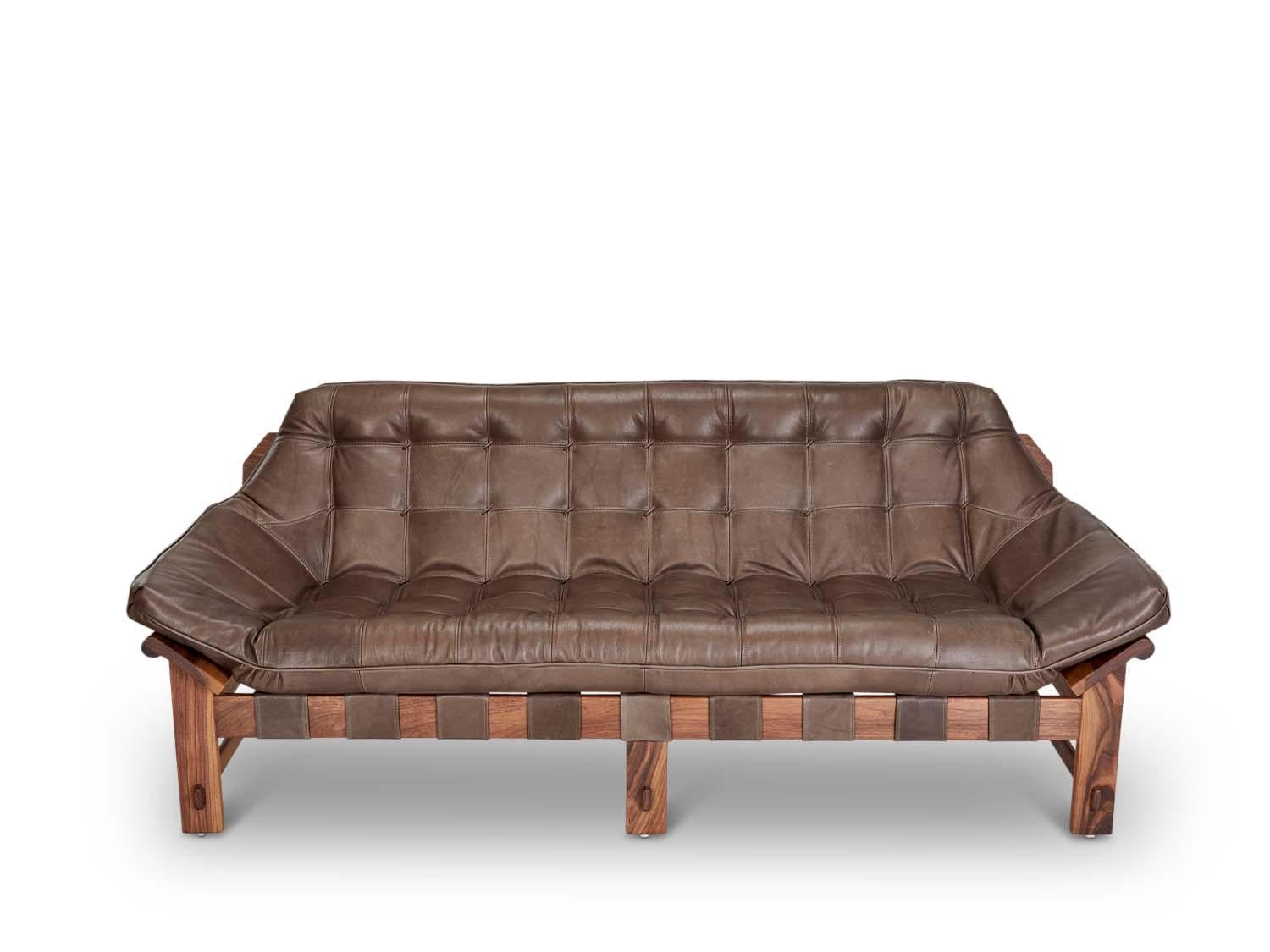 Mid-Century Modern Tan Leather and Walnut Ojai Sofa by Lawson-Fenning