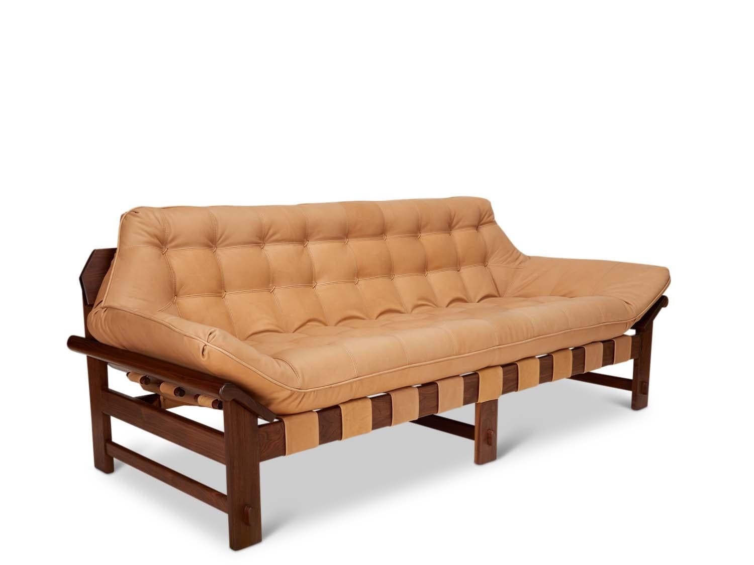 Mid-Century Modern Tan Leather and Walnut Ojai Sofa by Lawson-Fenning For Sale