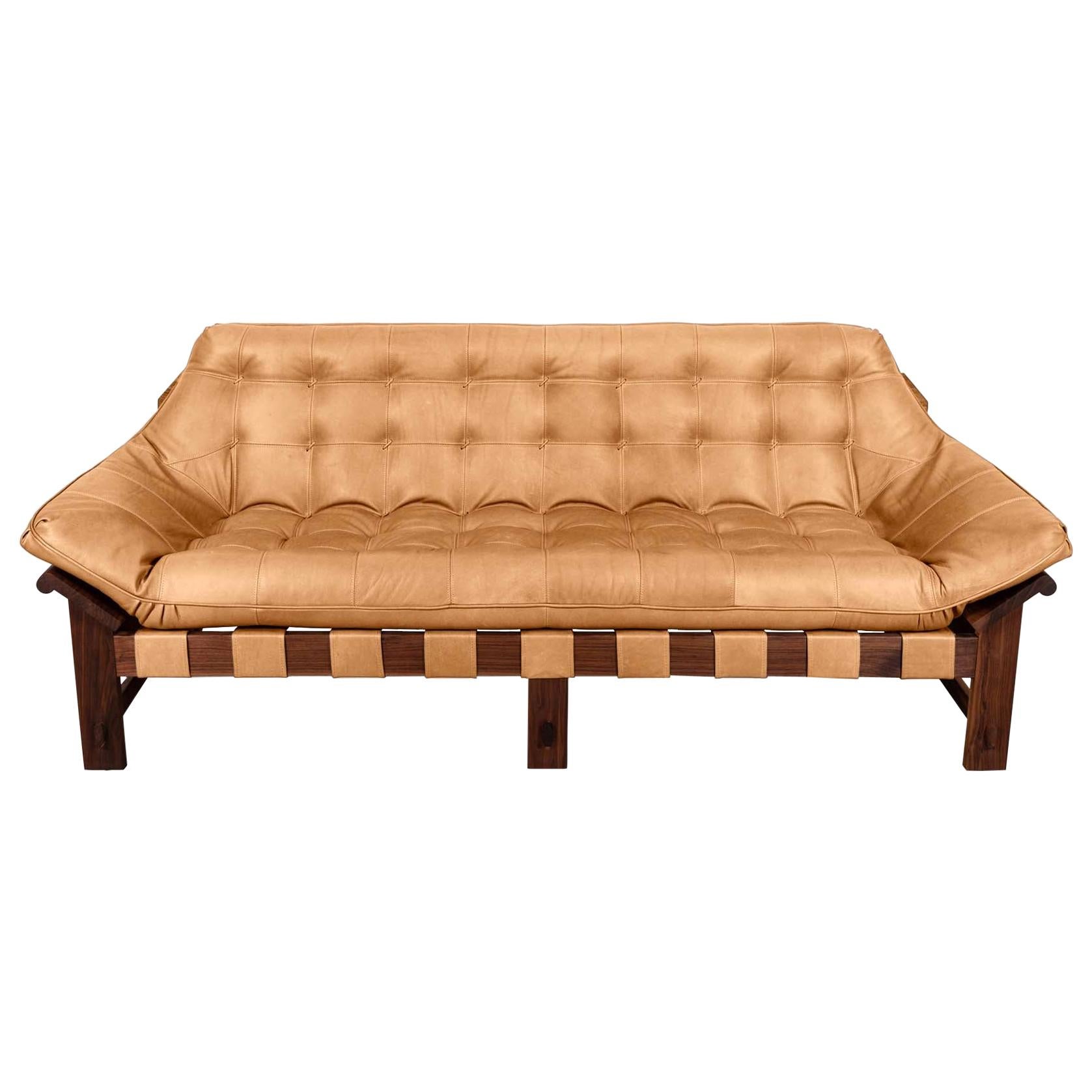 Tan Leather and Walnut Ojai Sofa by Lawson-Fenning
