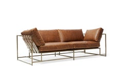 Tan Leather & Antique Brass Two Seat Sofa