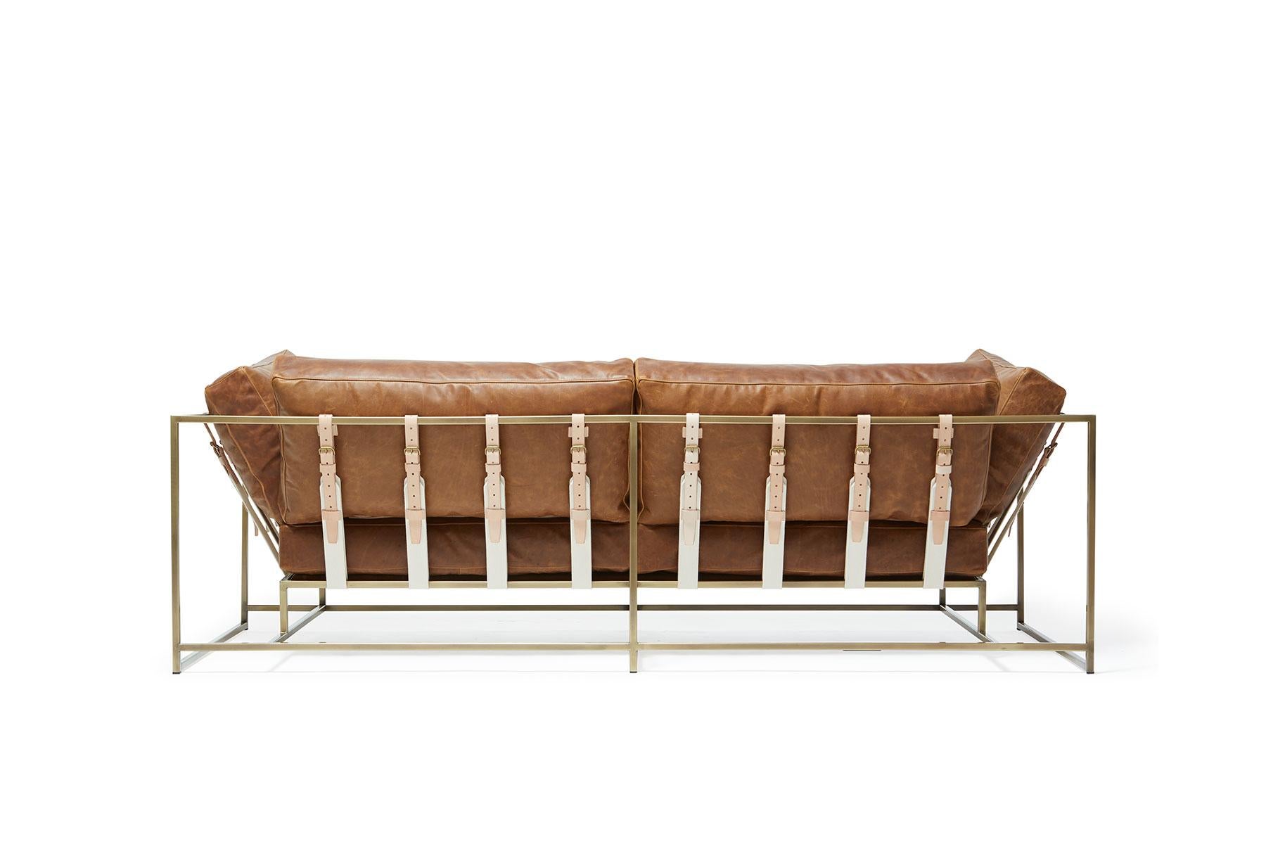 Modern Tan Leather & Antique Brass Two Seat Sofa For Sale