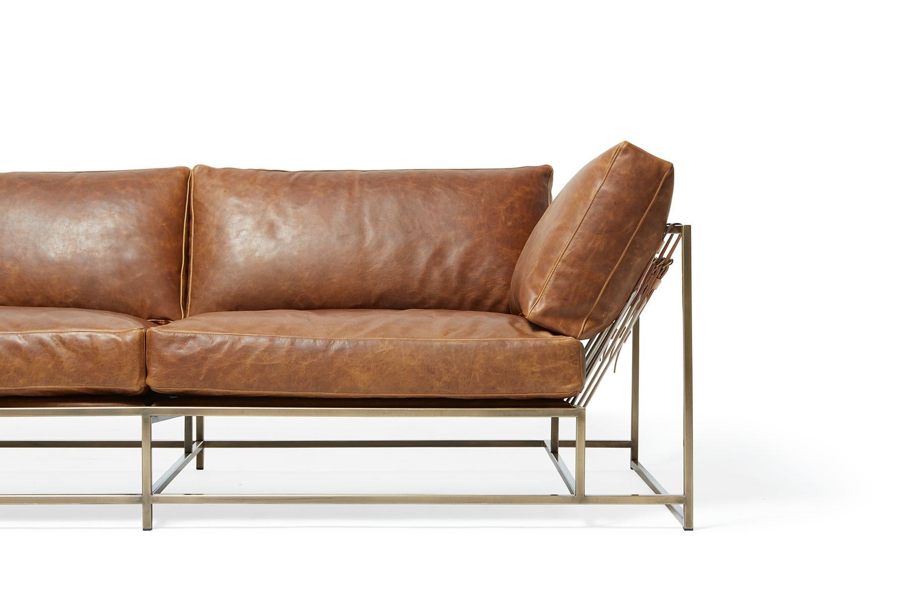 American Tan Leather & Antique Brass Two Seat Sofa For Sale
