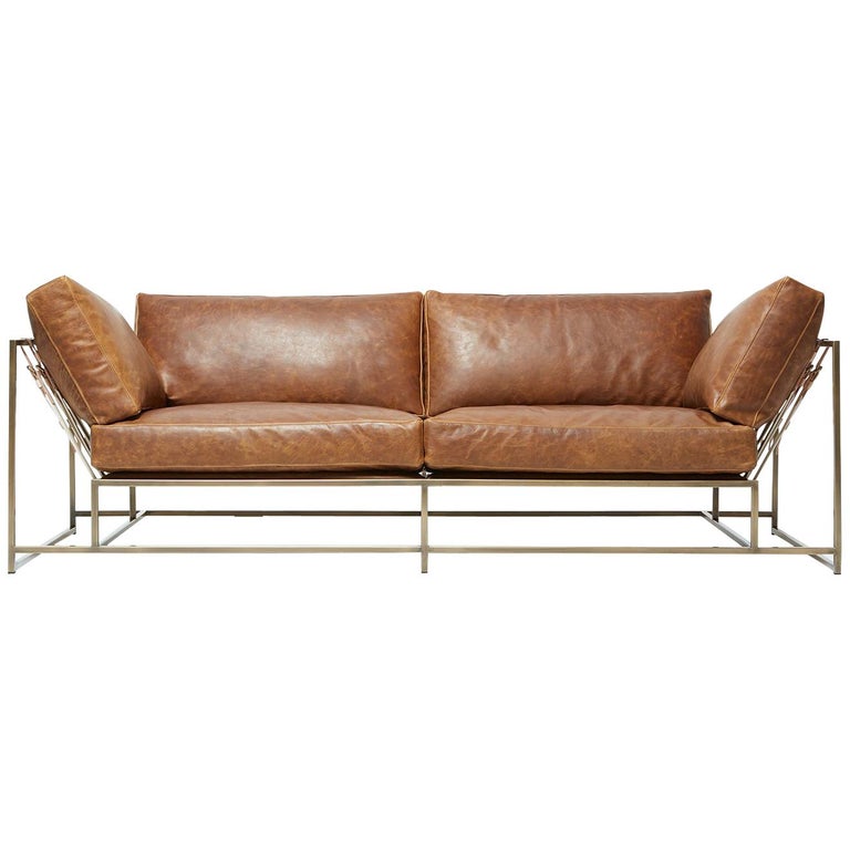 Tan Leather and Antique Brass Two Seat Sofa For Sale at 1stDibs