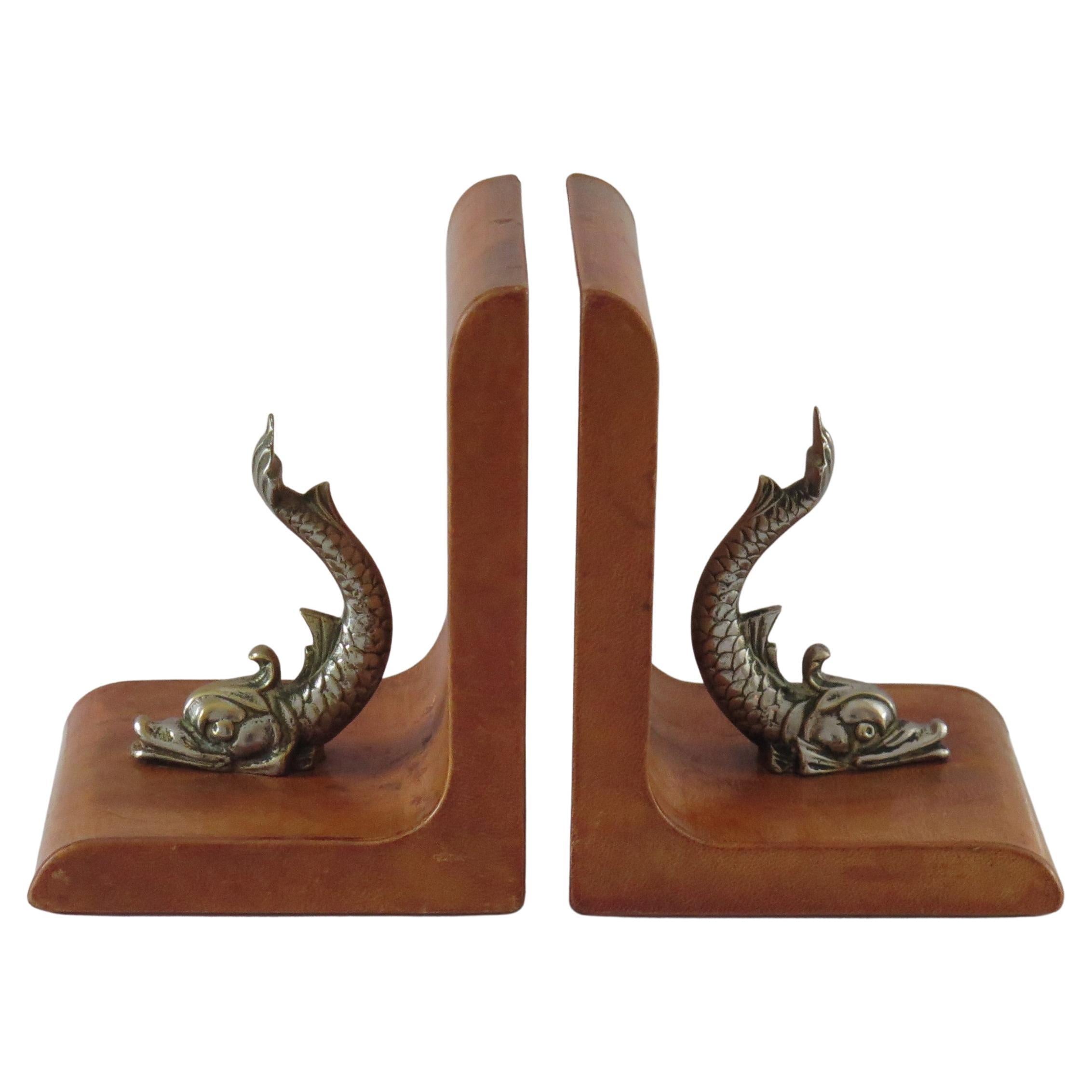 Tan Leather Bookends Mounted with Gilt Bronzed Dolphins, Italian circa 1940