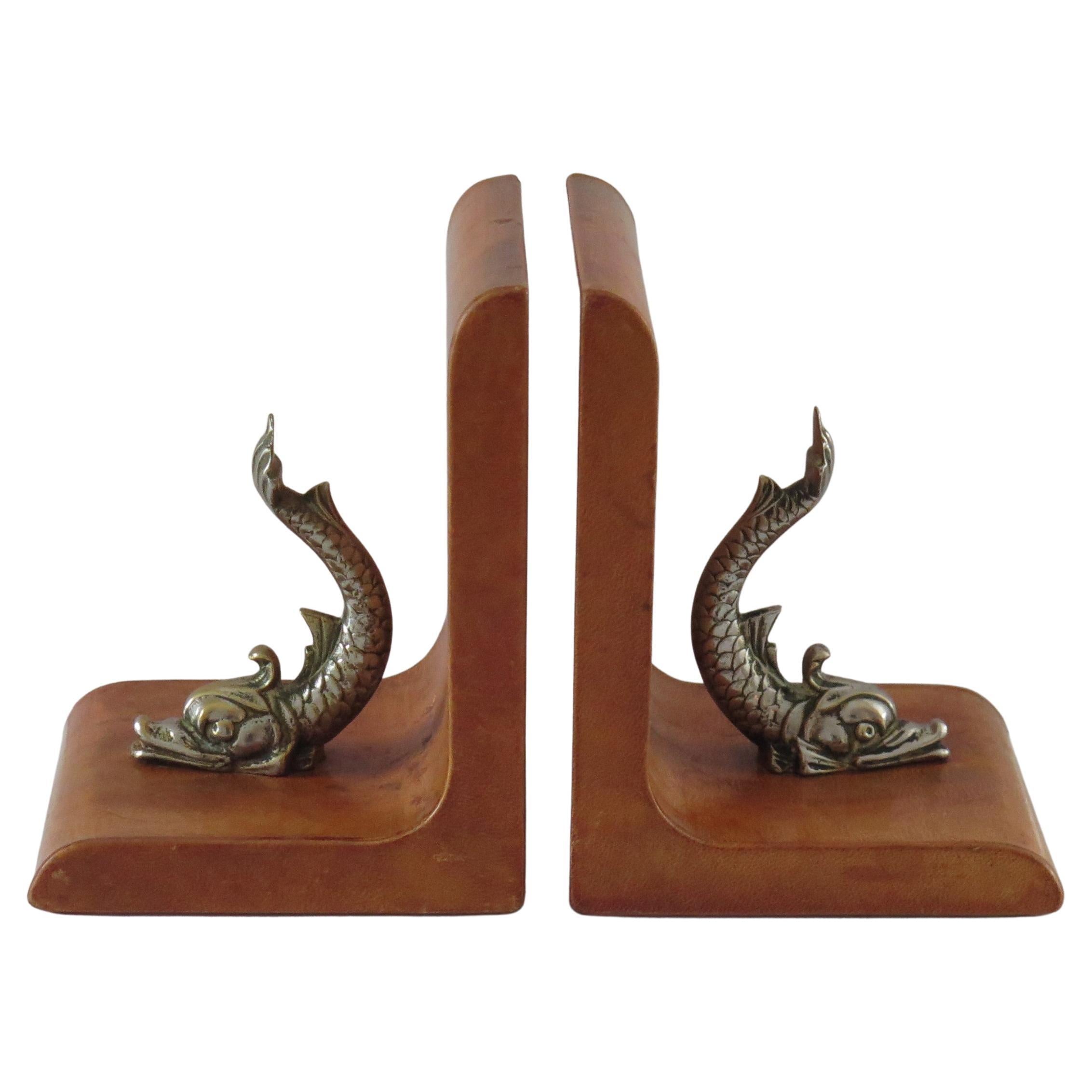 Tan Leather Bookends Mounted with Gilt Bronzed Dolphins, Italian circa 1940 For Sale