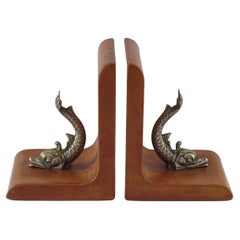Tan Leather Bookends Mounted with Gilt Bronzed Dolphins, Italian circa 1940