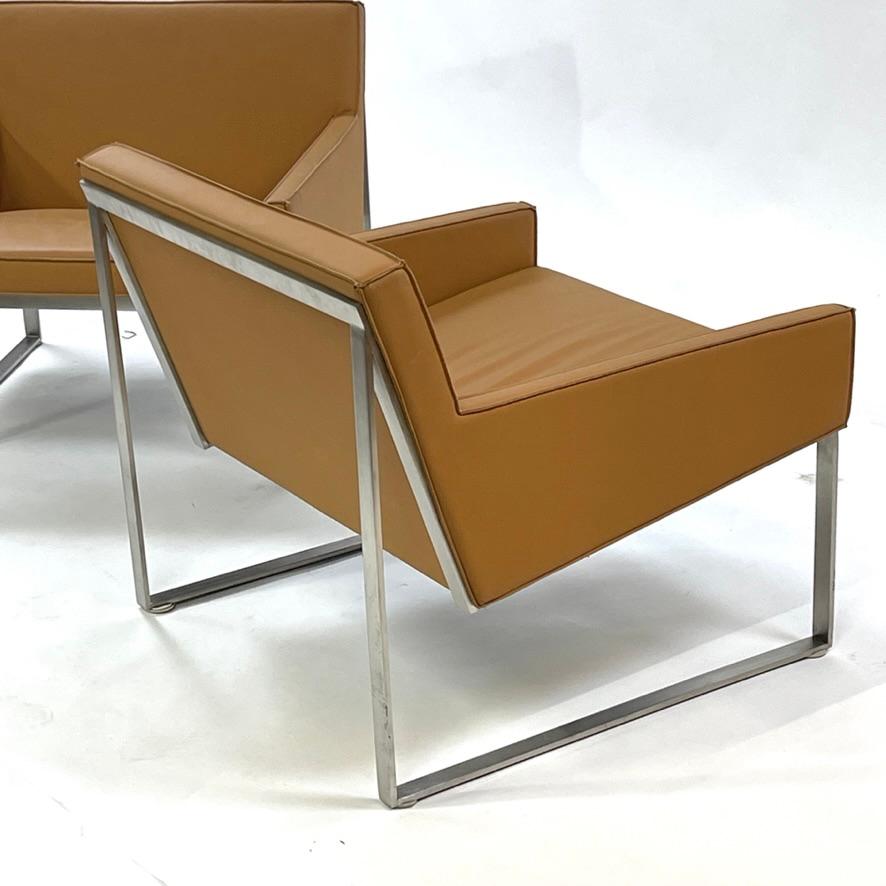 Tan Leather & Brushed Nickel Lounge Chairs by Fabien Baron -Bernhardt 4 Avail For Sale 5