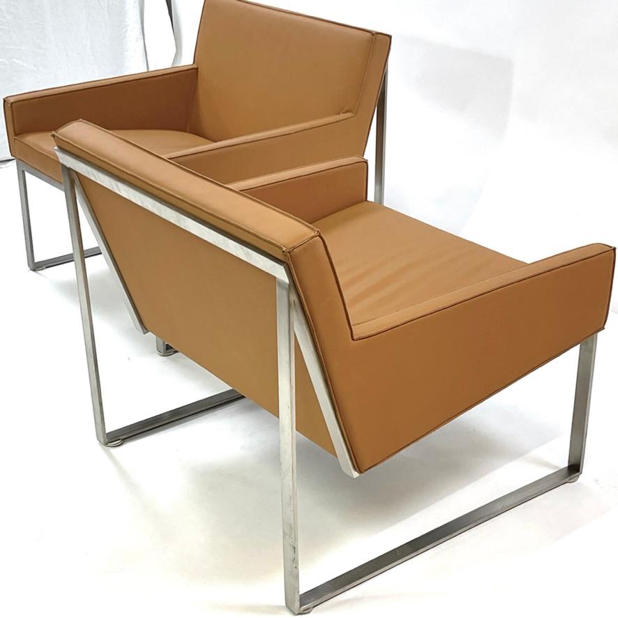 Tan Leather & Brushed Nickel Lounge Chairs by Fabien Baron -Bernhardt 4 Avail For Sale 6