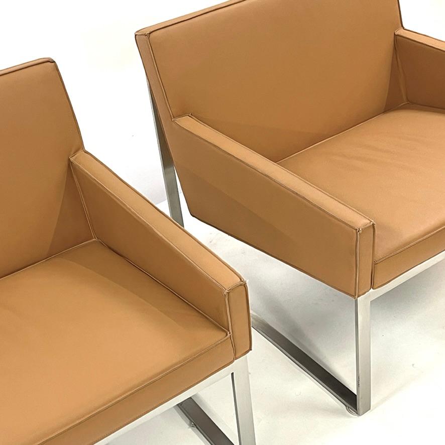 Tan Leather & Brushed Nickel Lounge Chairs by Fabien Baron -Bernhardt 4 Avail For Sale 7