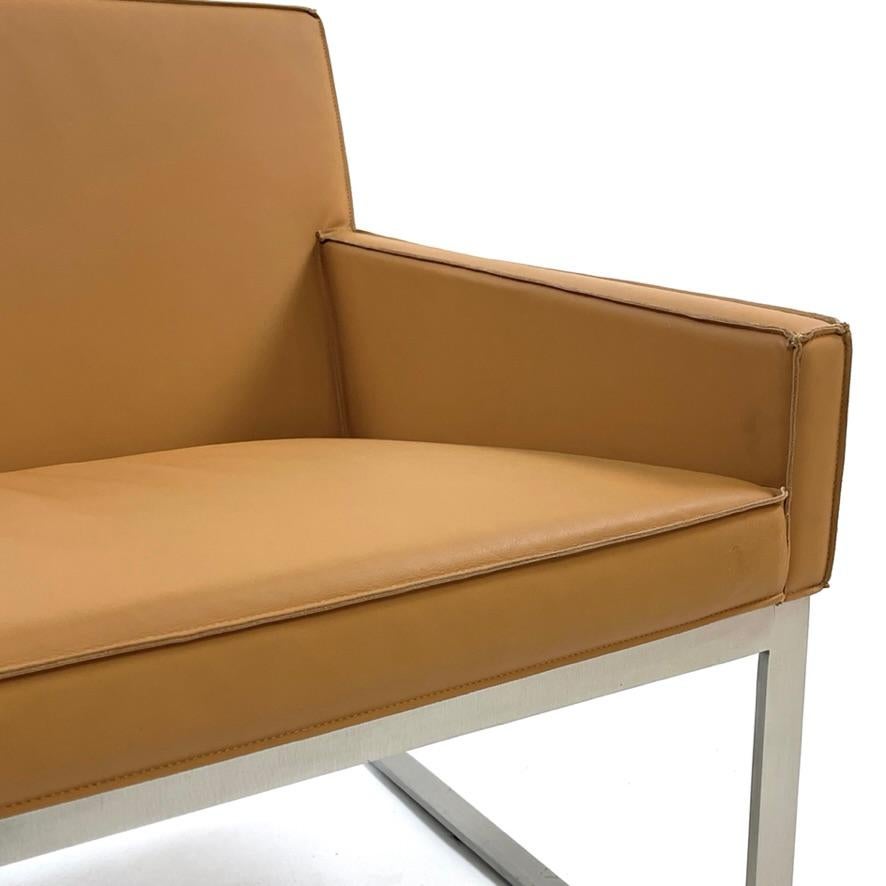 American Tan Leather & Brushed Nickel Lounge Chairs by Fabien Baron -Bernhardt 4 Avail For Sale