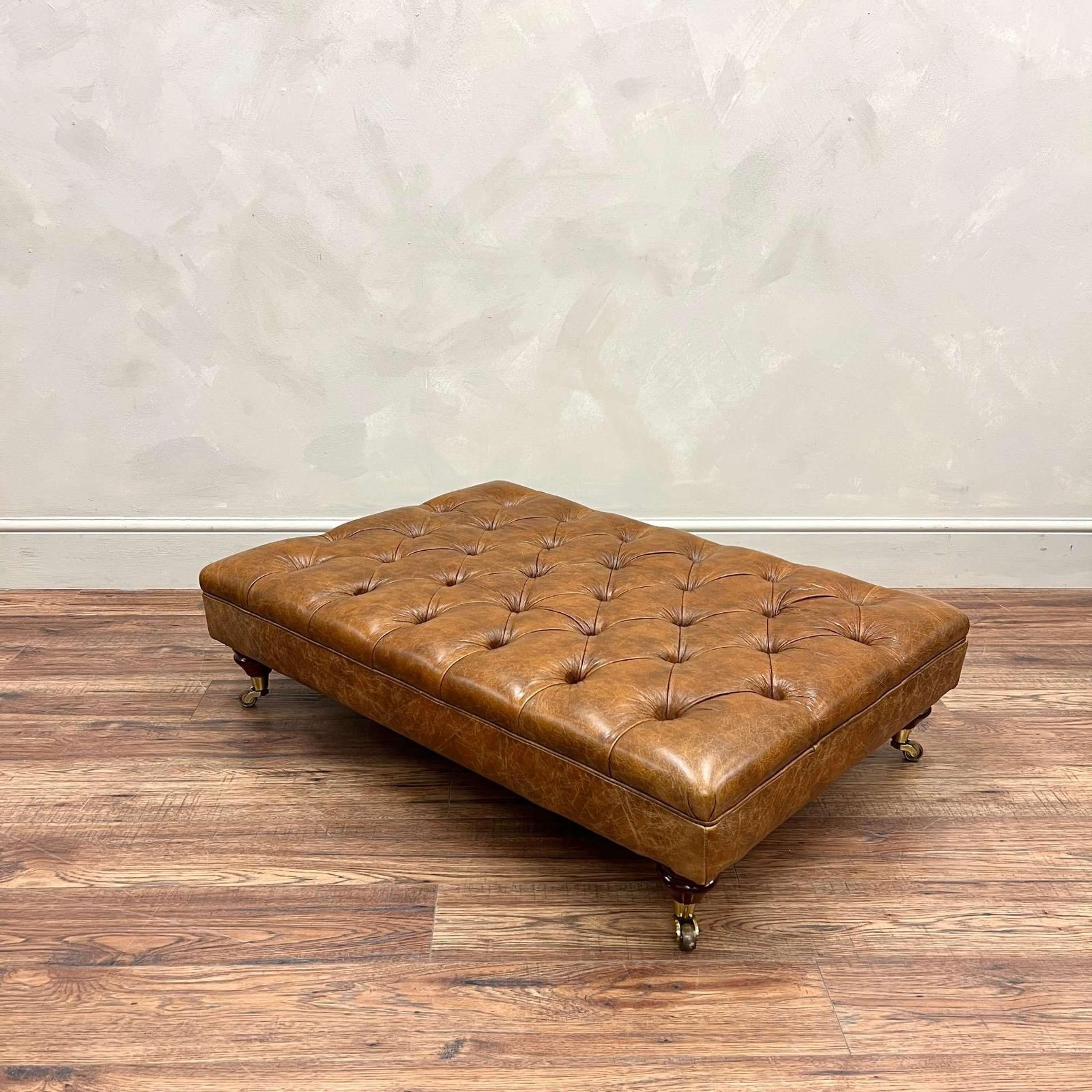 English Tan Leather Buttoned Footstool