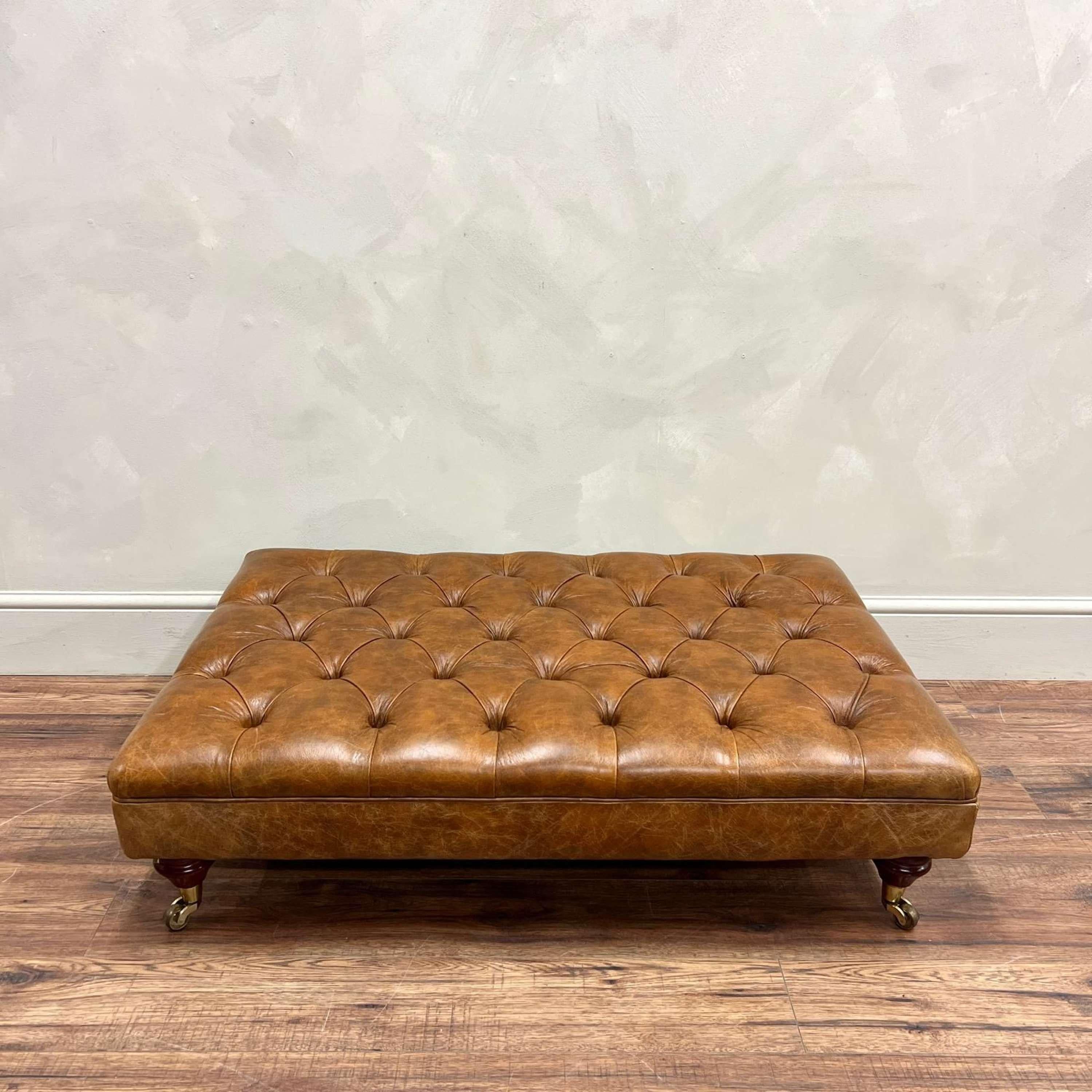 Tan Leather Buttoned Footstool In Good Condition In Southampton, GB