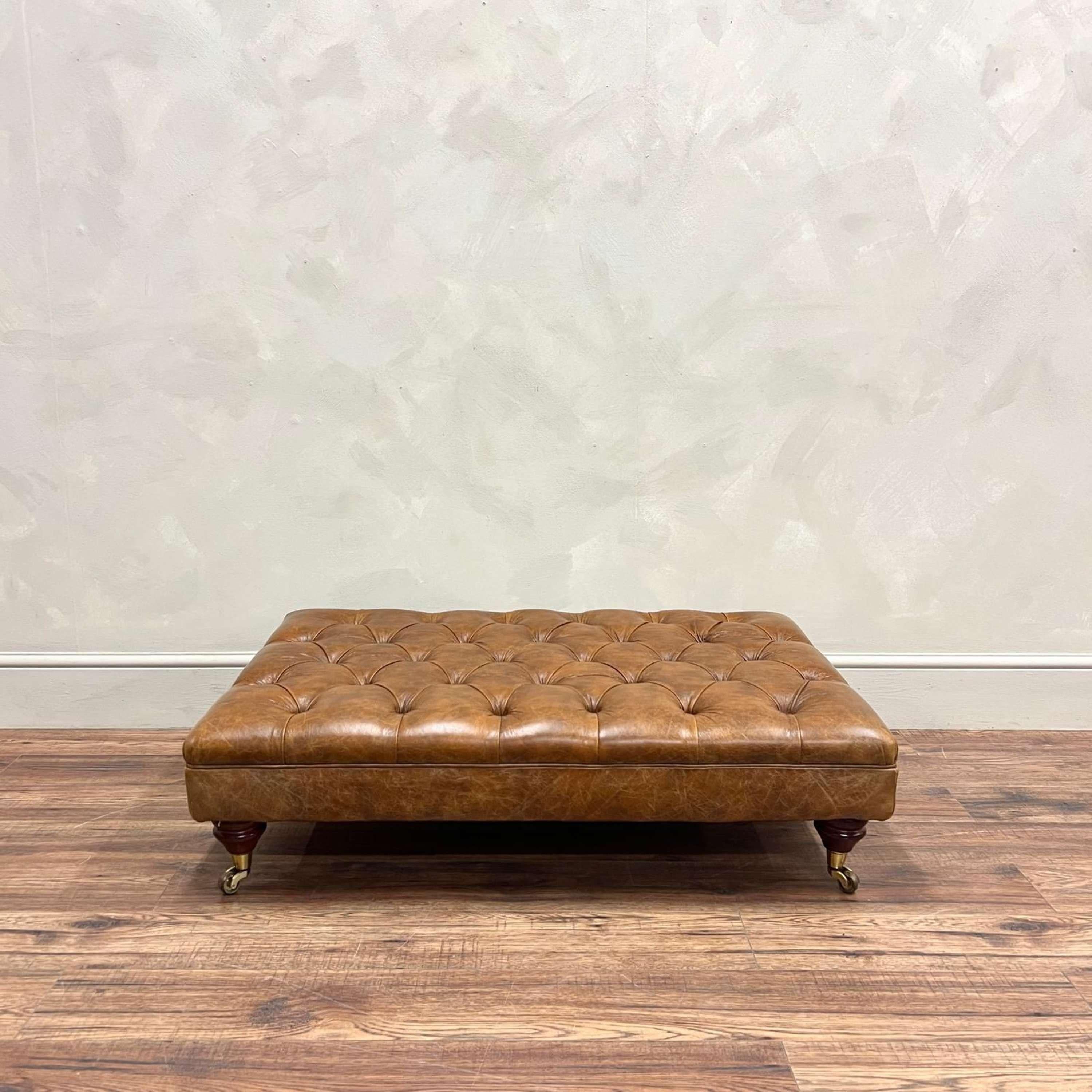 Contemporary Tan Leather Buttoned Footstool